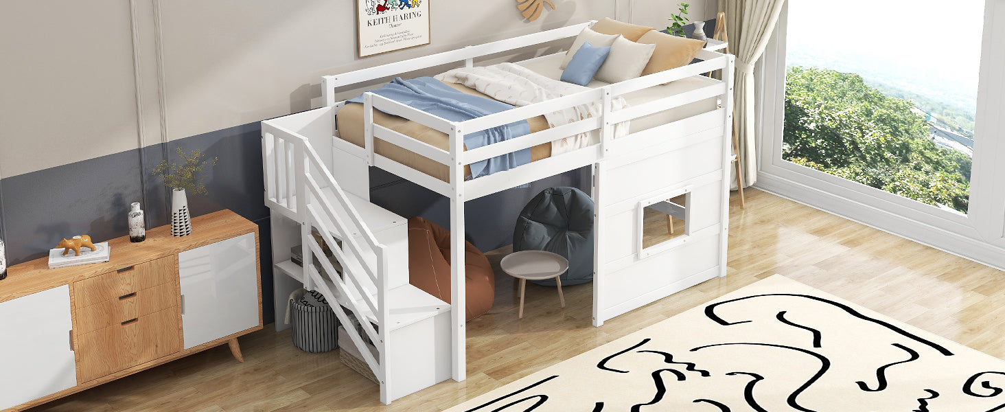 White wooden loft bed with stairs builtin storage and playful window feature for kids room
