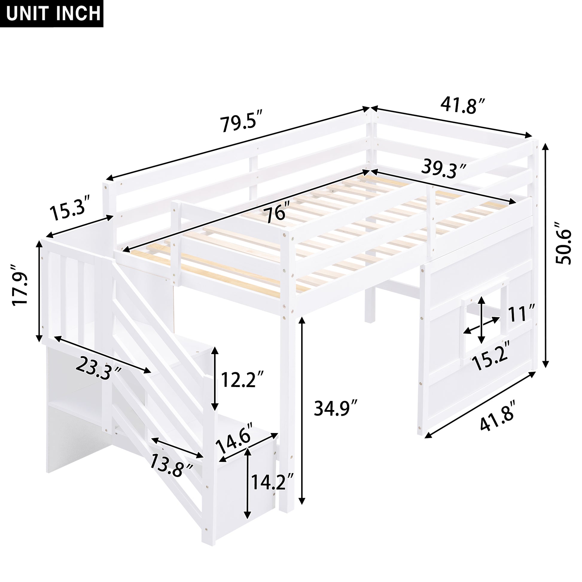 White wooden loft bed frame with stairs and integrated storage