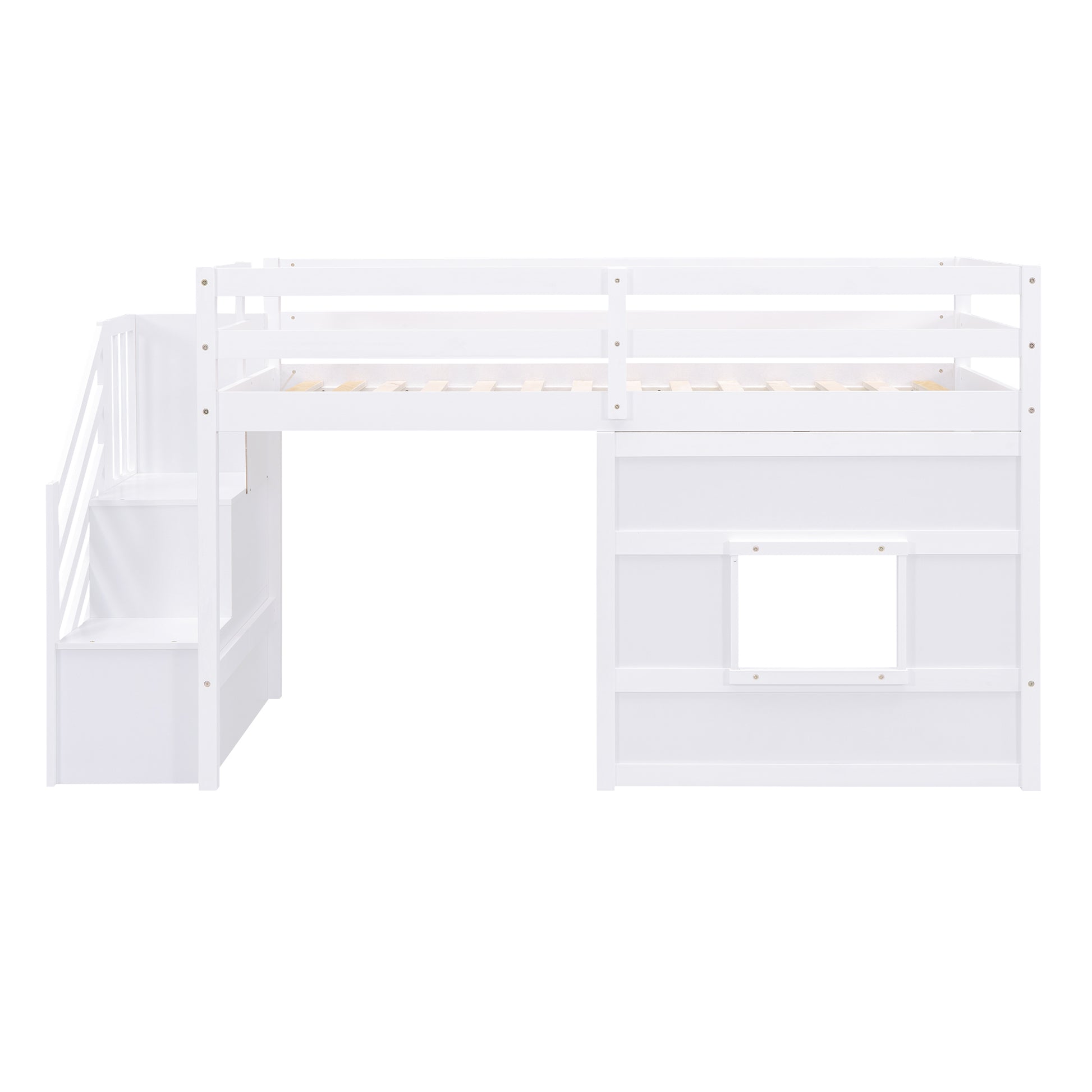 White wooden loft bed with integrated stairs and a playhouse window