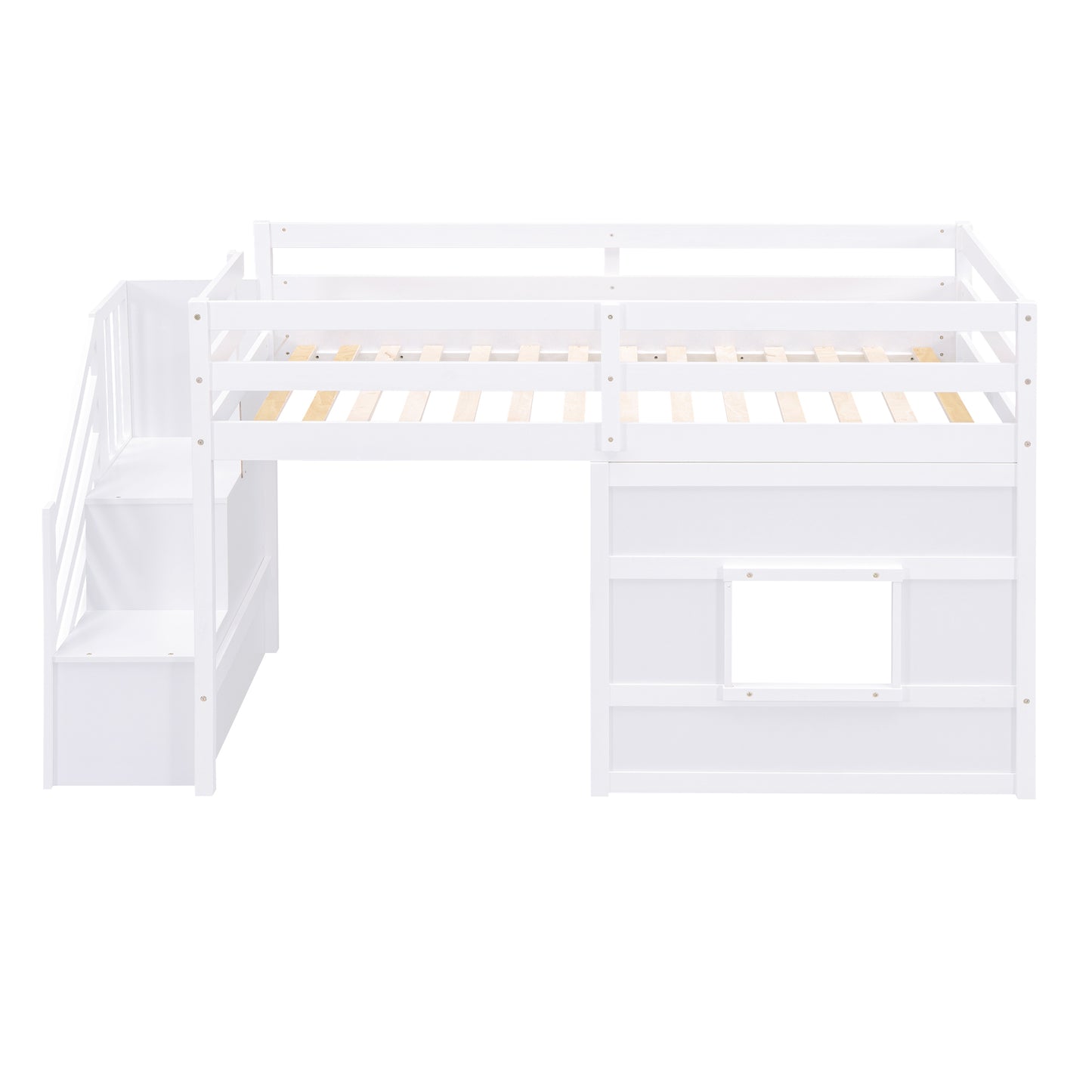 White wooden loft bed with staircase and storage cubby