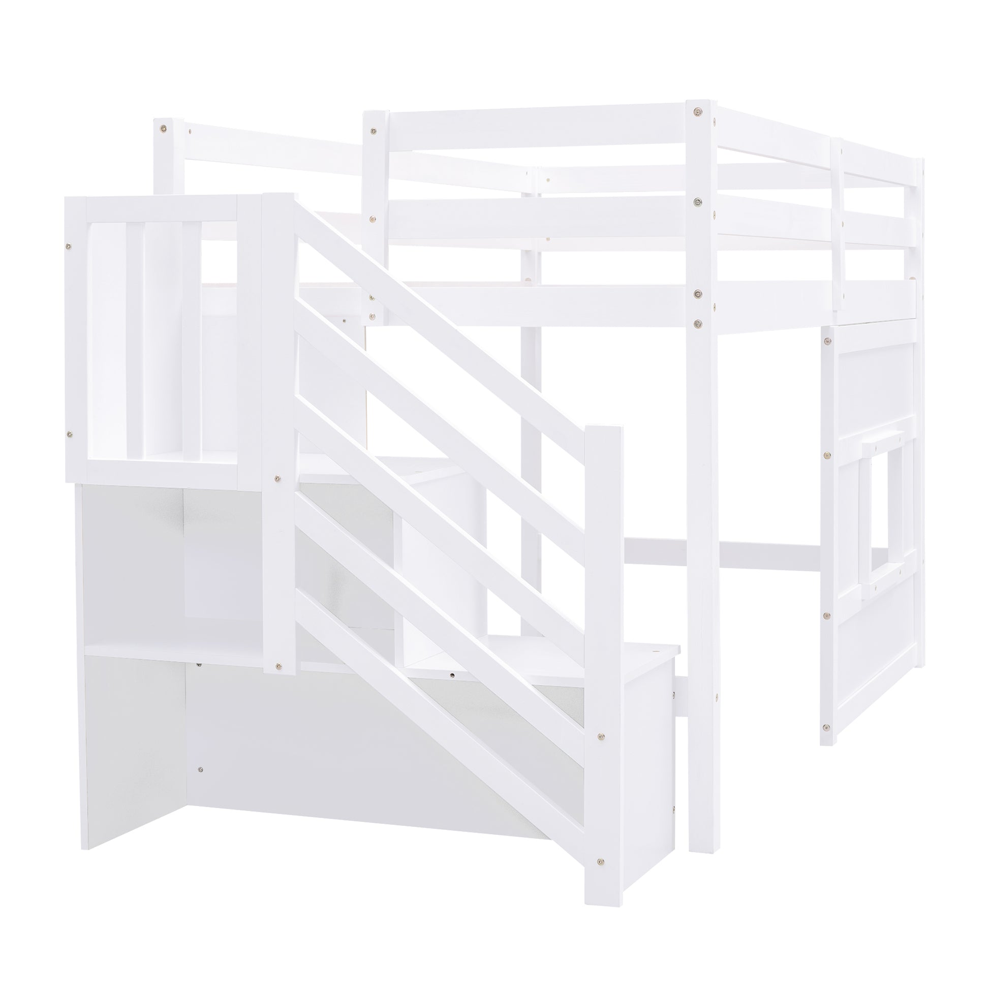 White wooden loft bed with integrated stairs and storage shelves
