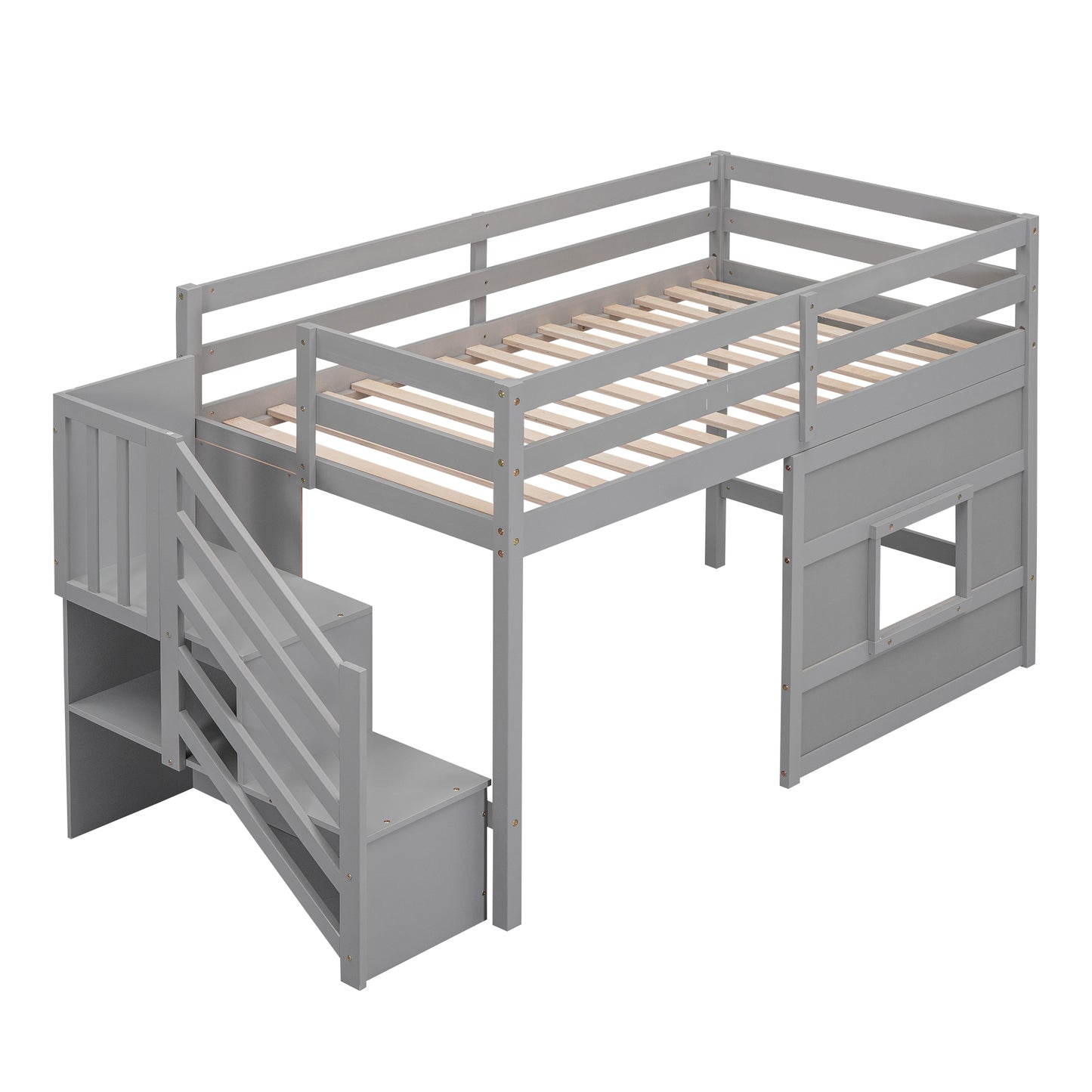 Gray wooden loft bed with stairs and storage