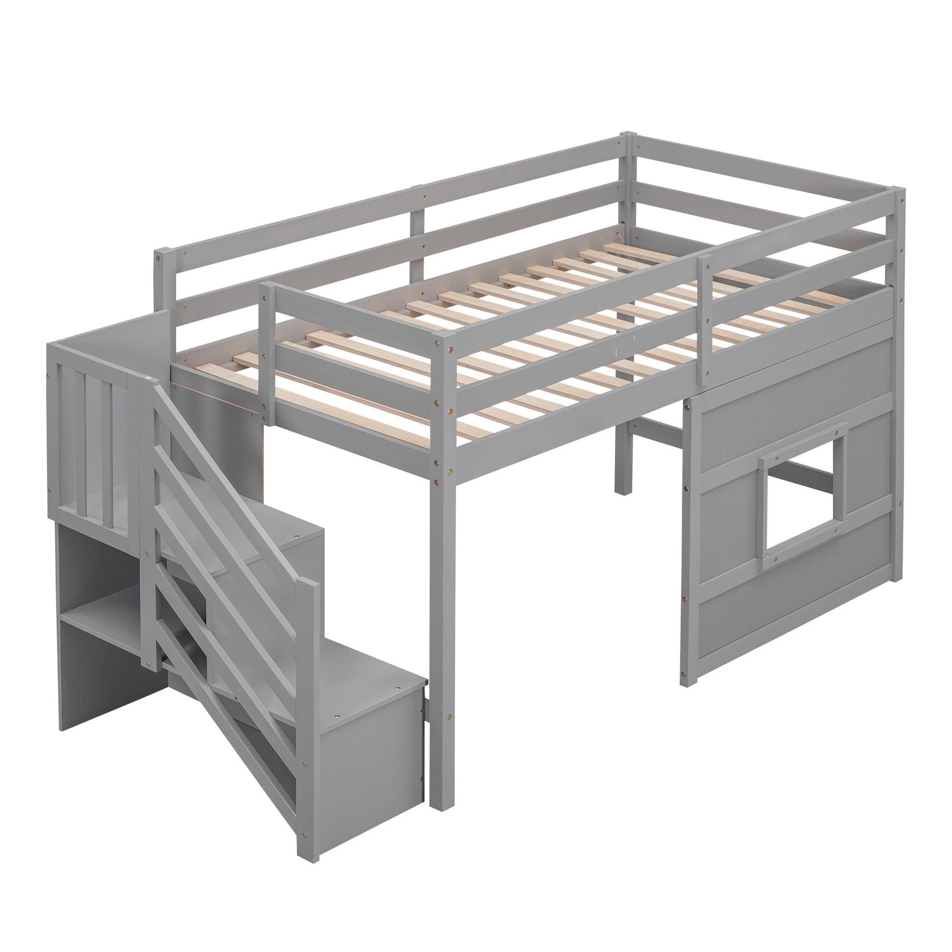 Gray wooden loft bed with stairs and storage