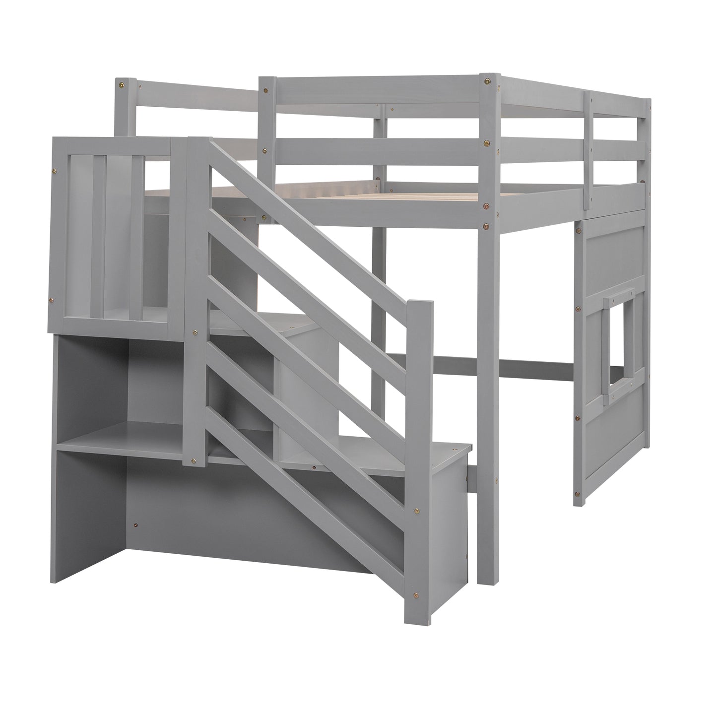 Grey wooden loft bed with stairs and storage shelves