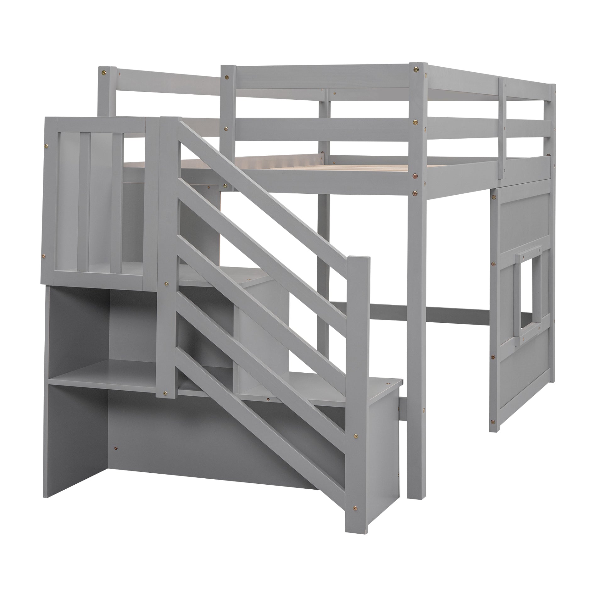 Grey wooden loft bed with stairs and storage shelves