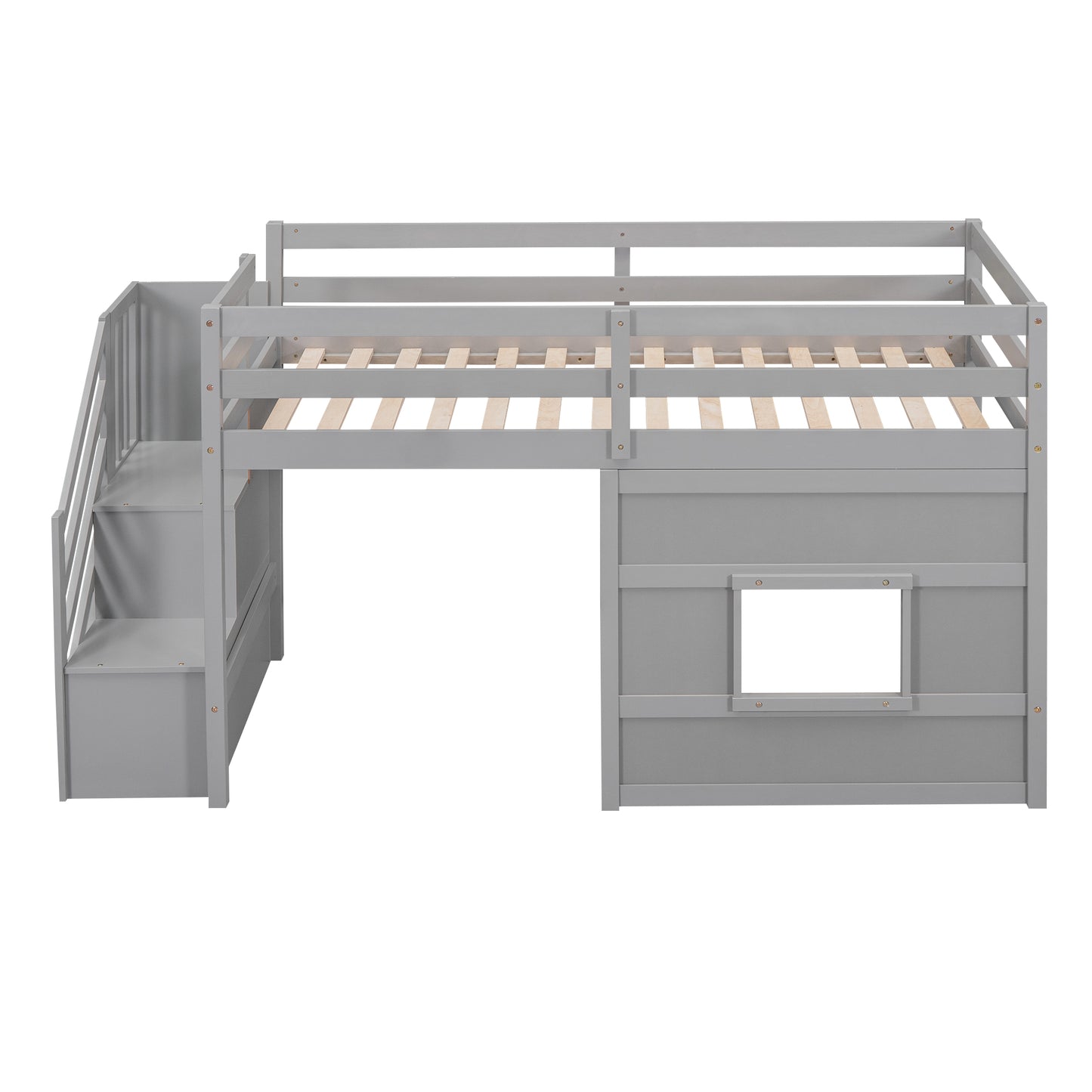 Gray wooden loft bed with staircase and builtin drawers