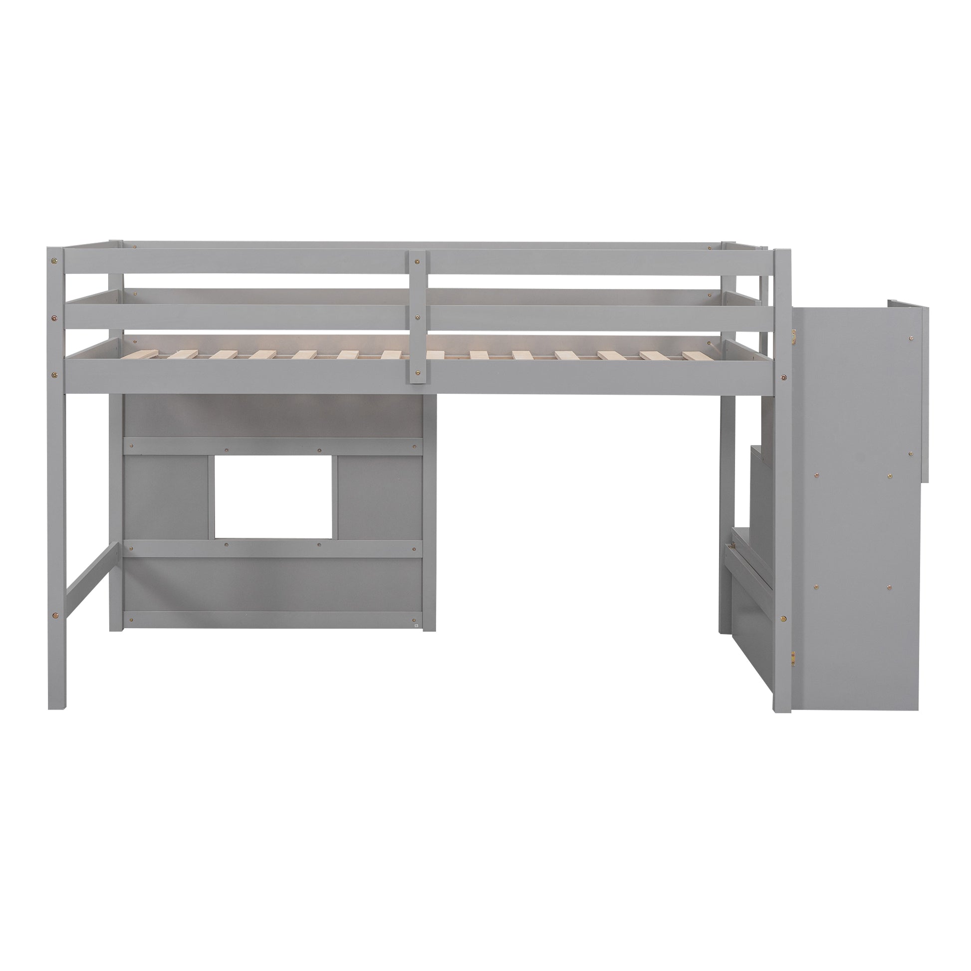 Gray loft bed with stairs and desk