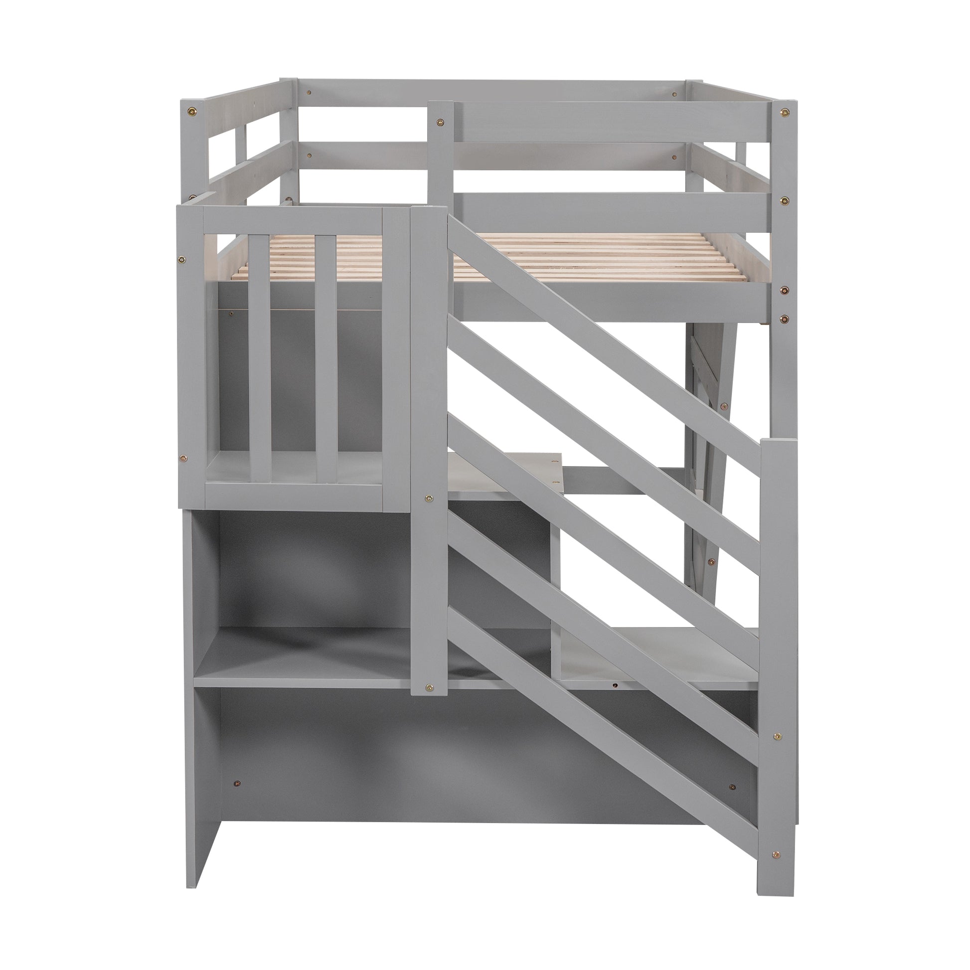 Gray twin loft bed with integrated staircase and bookshelves