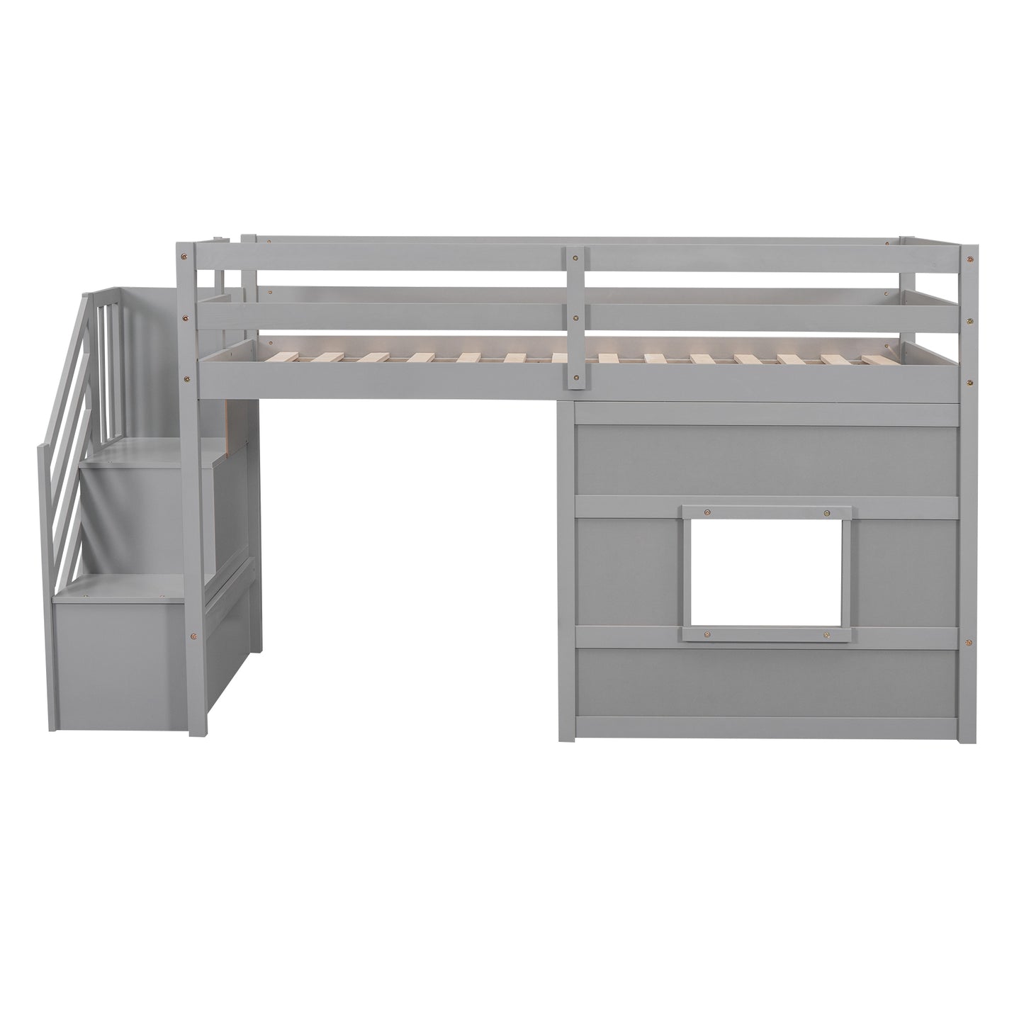 Gray wooden loft bed with stairs and storage