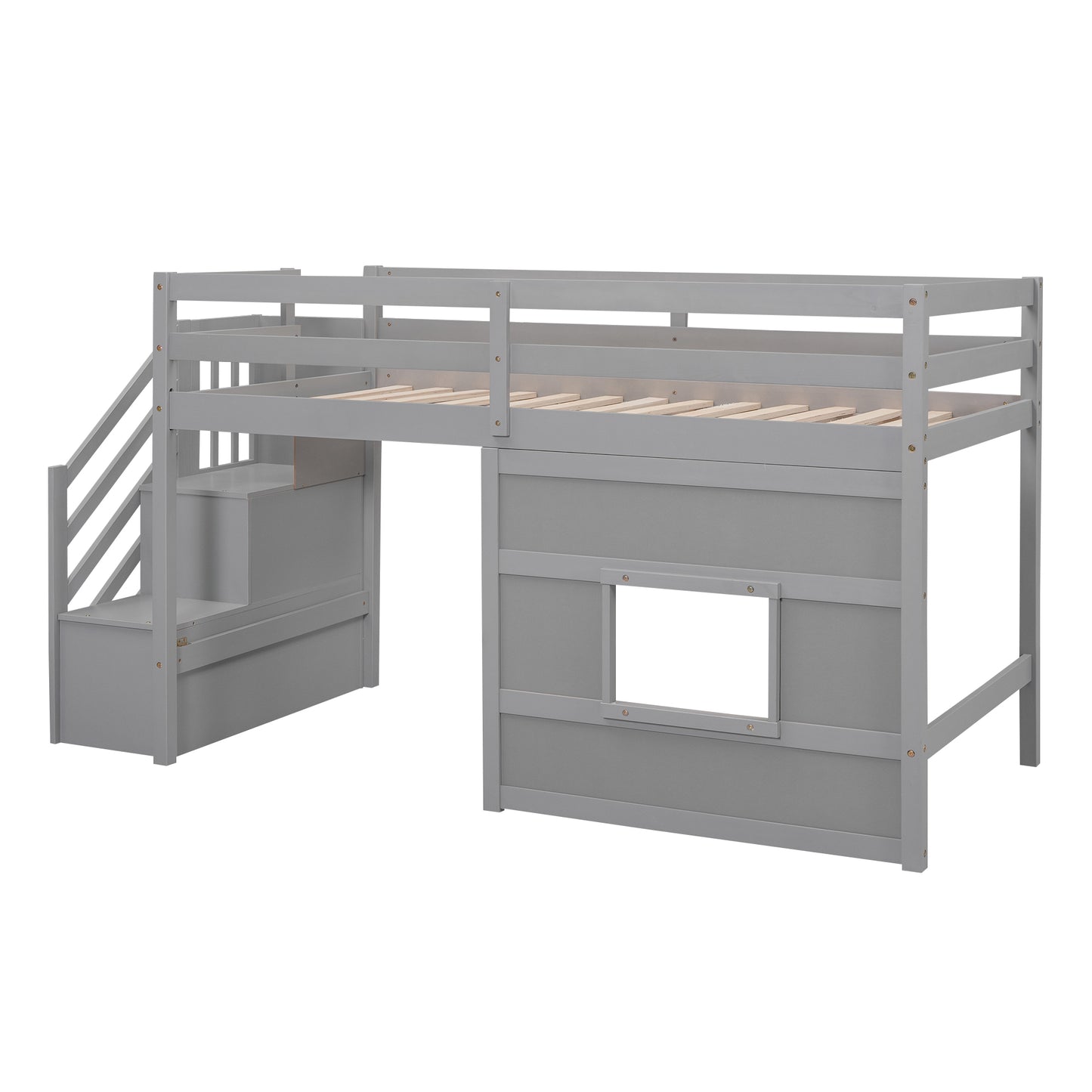 Gray wooden loft bed with stairs and storage drawers