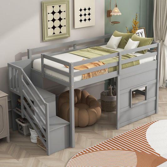 Gray wooden loft bed with stairs and underbed storage for children