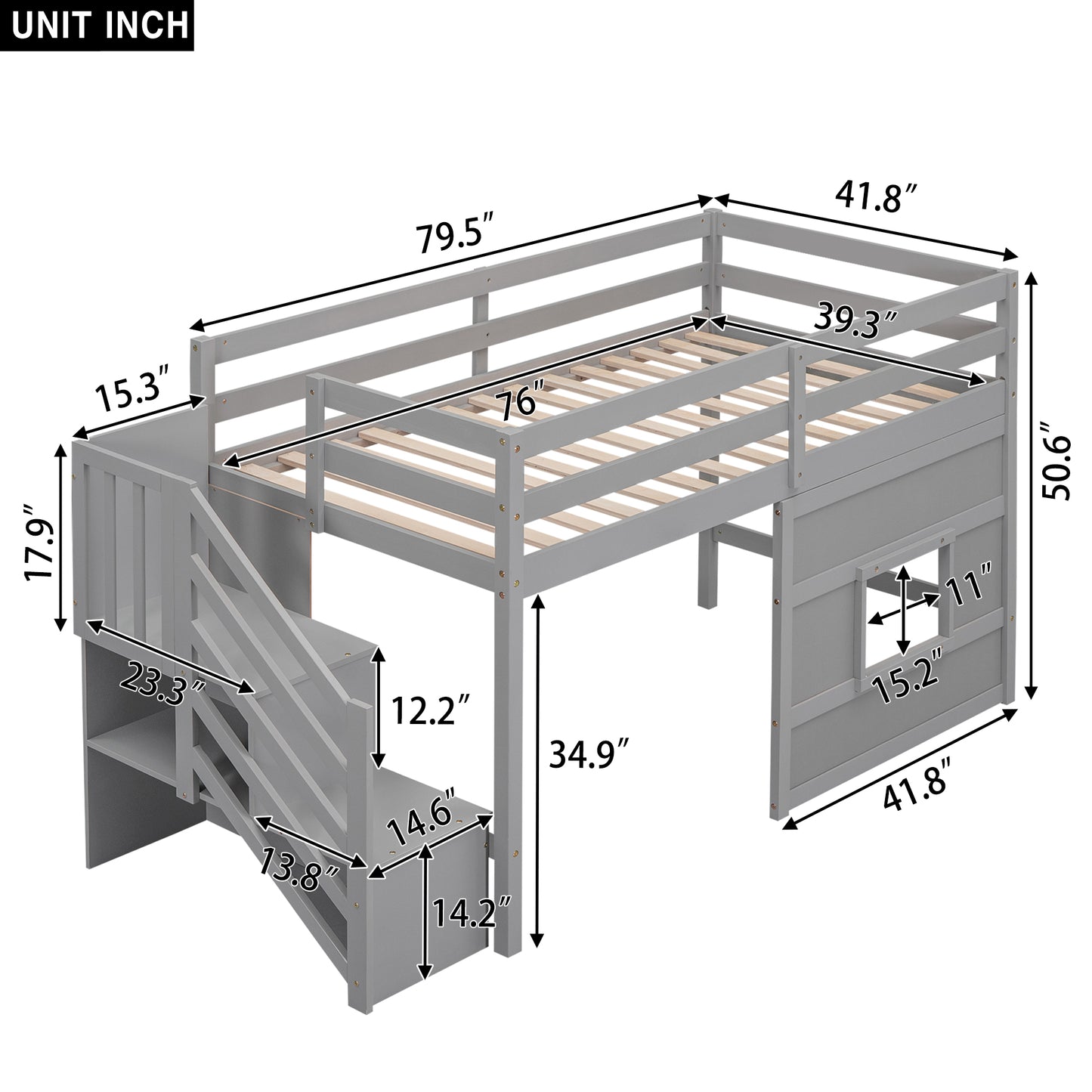 Gray loft bed with stairs