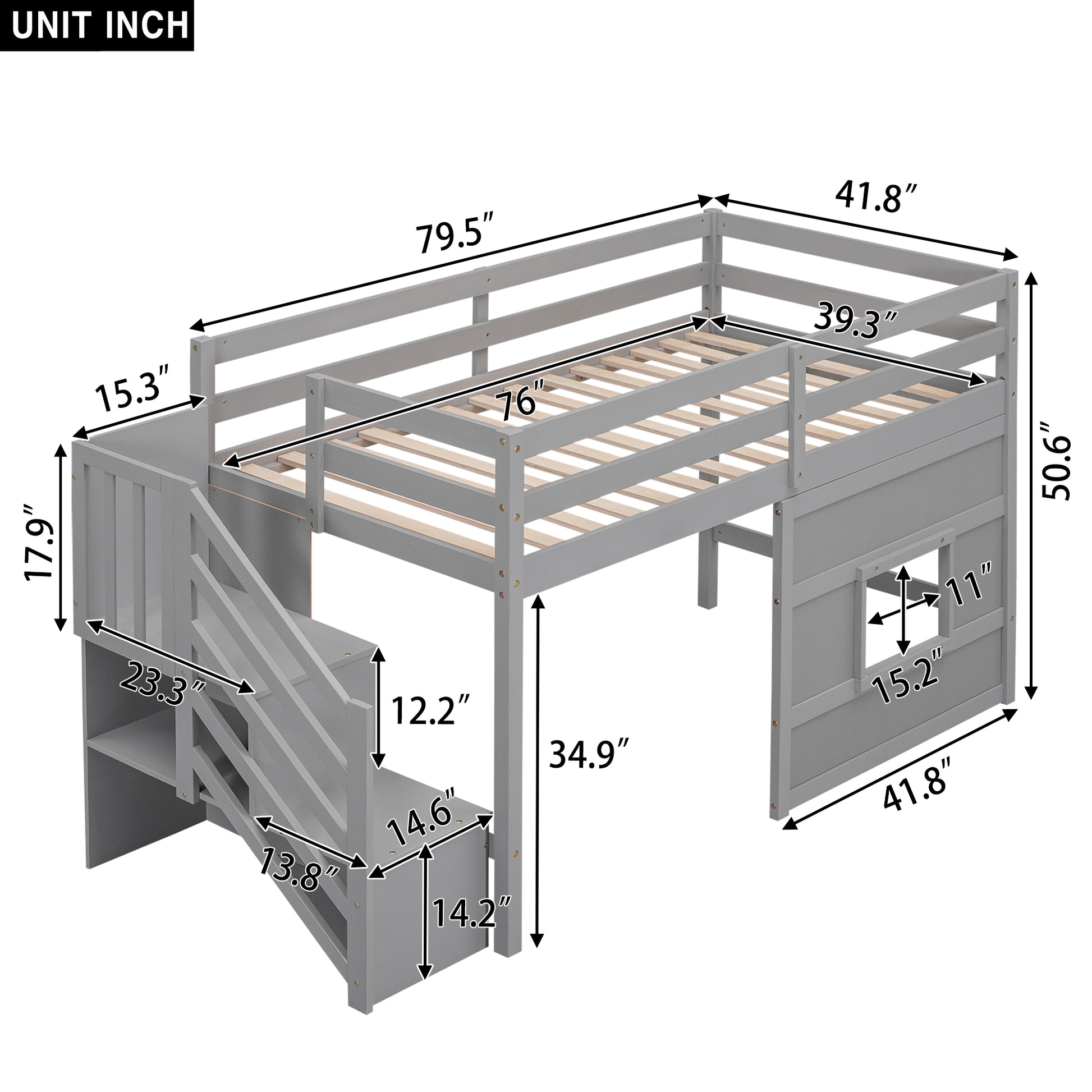 Gray loft bed with stairs