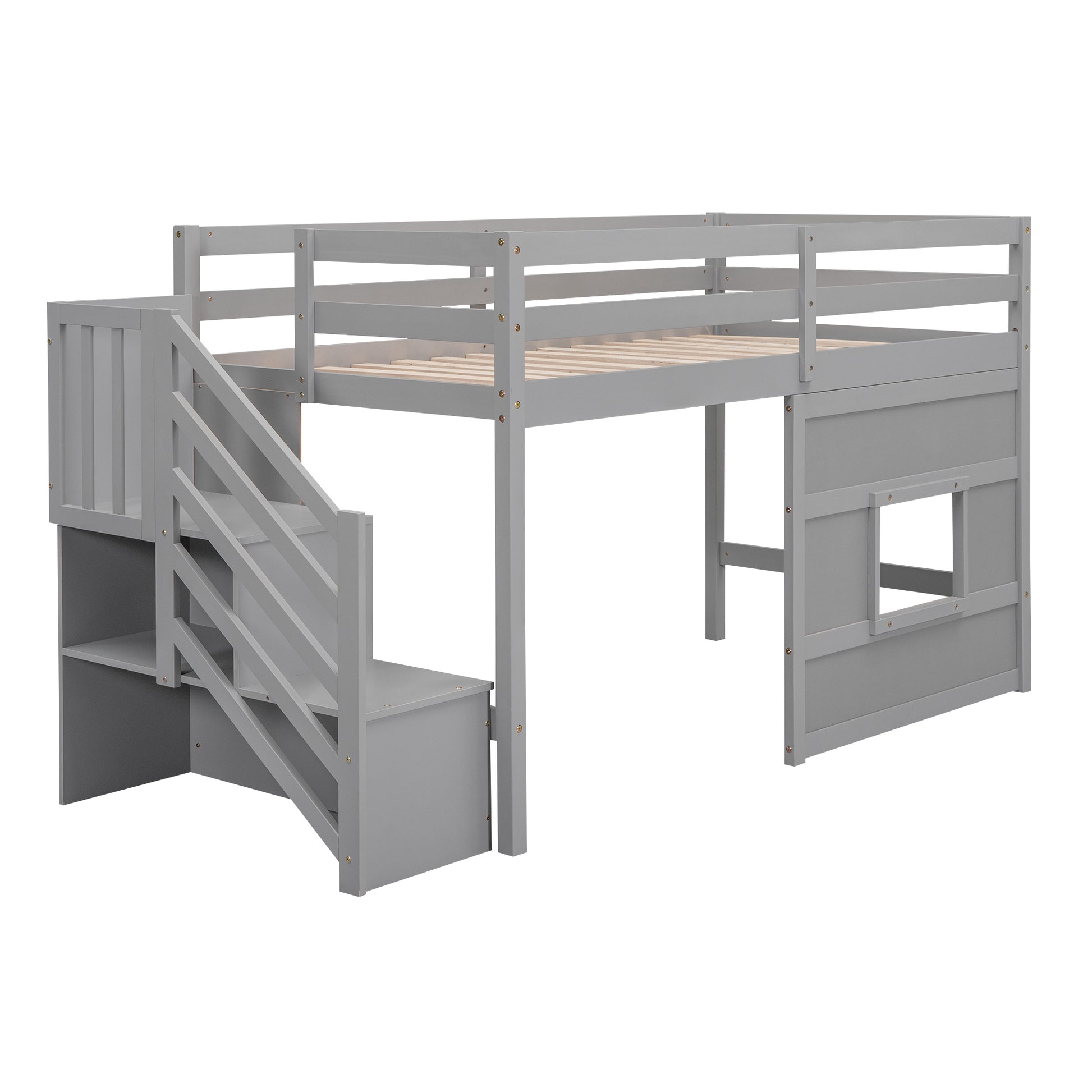 Gray wooden loft bed with stairs and storage shelves