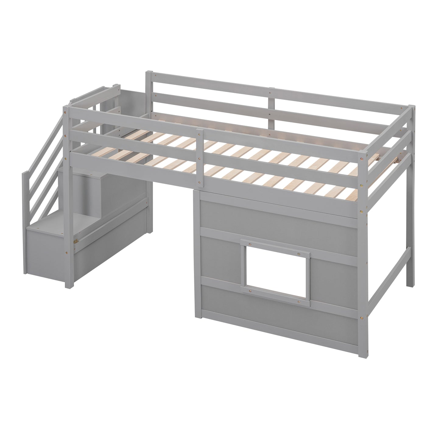 Gray wooden loft bed with stairs and storage