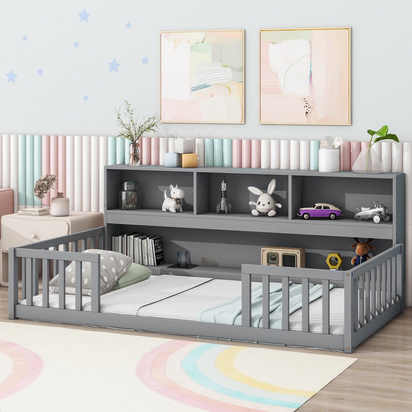 Grey toddler bed with builtin bookshelf