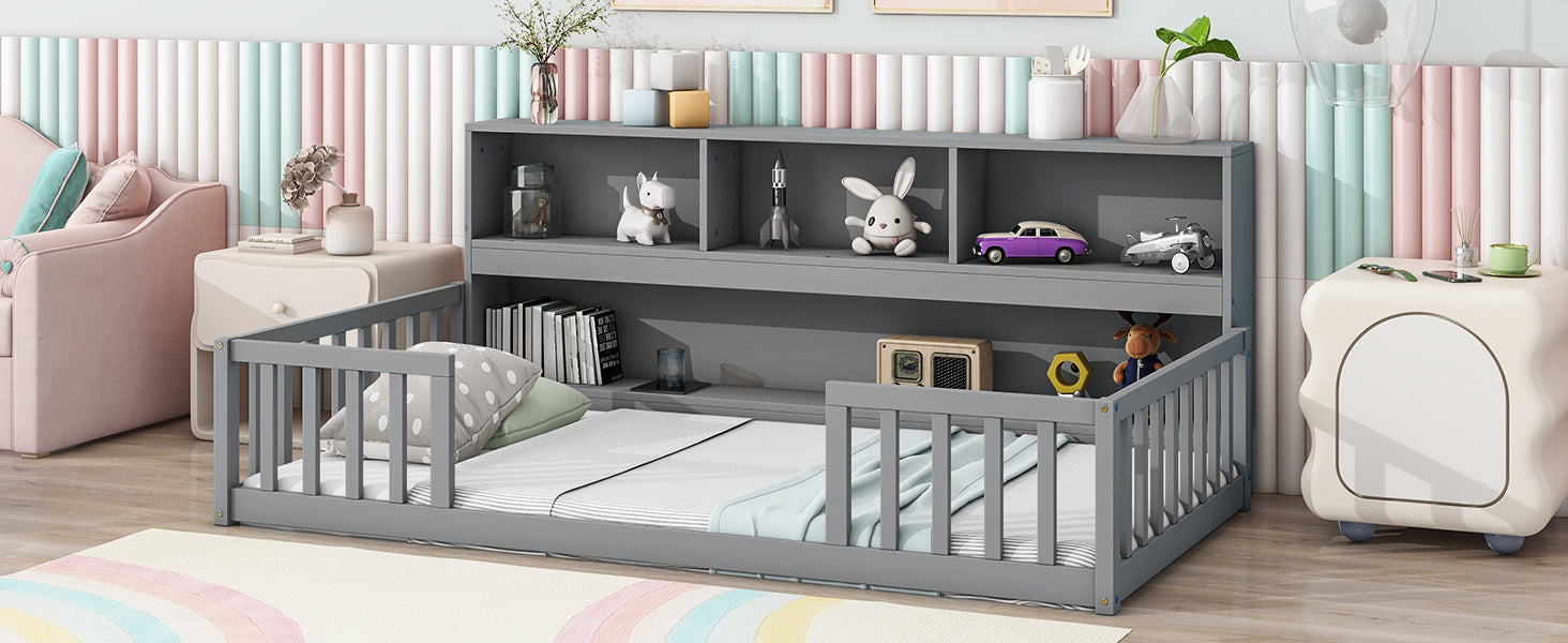 Grey wooden toddler bed with safety rails and builtin bookshelf