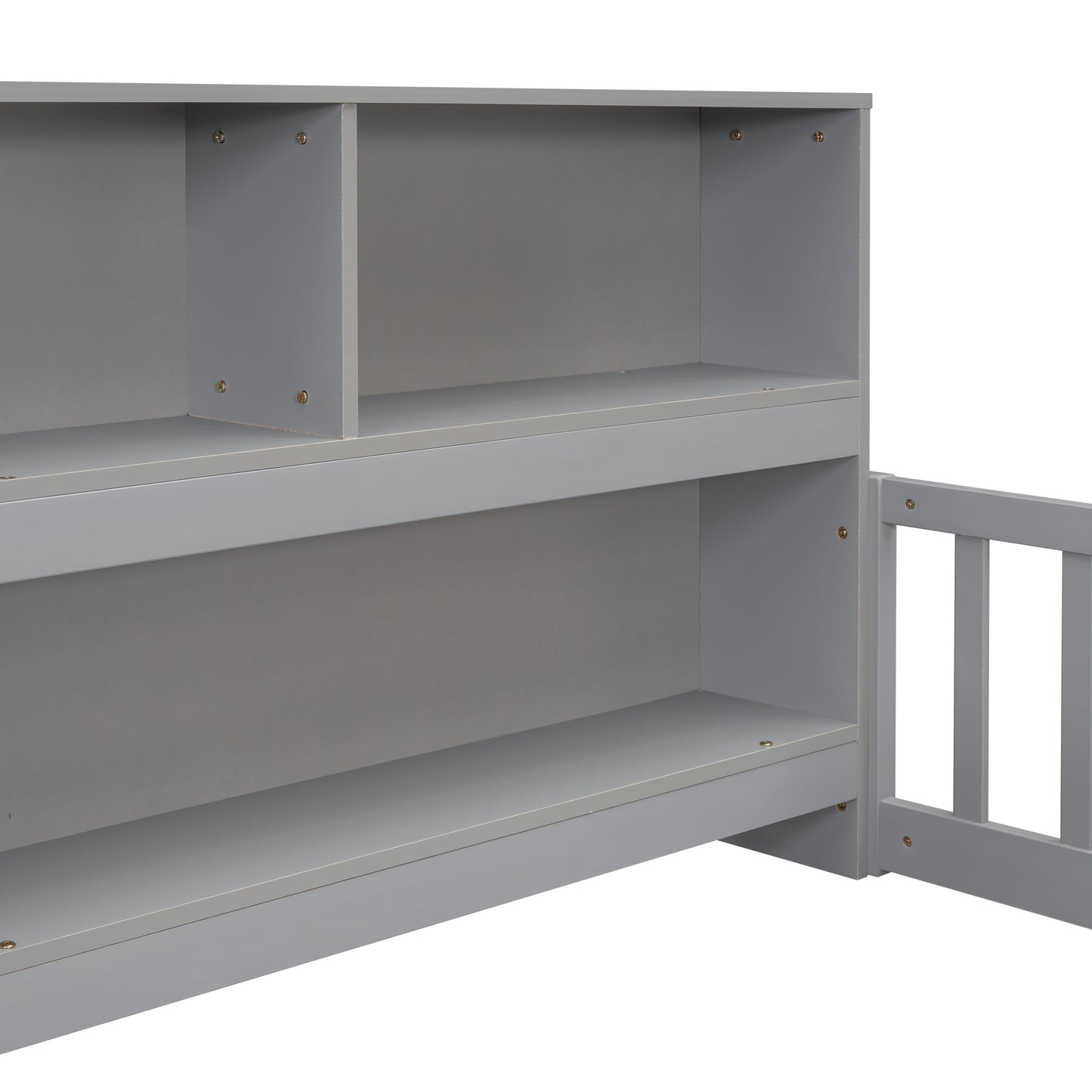 Gray toddler bed frame with attached bookshelf