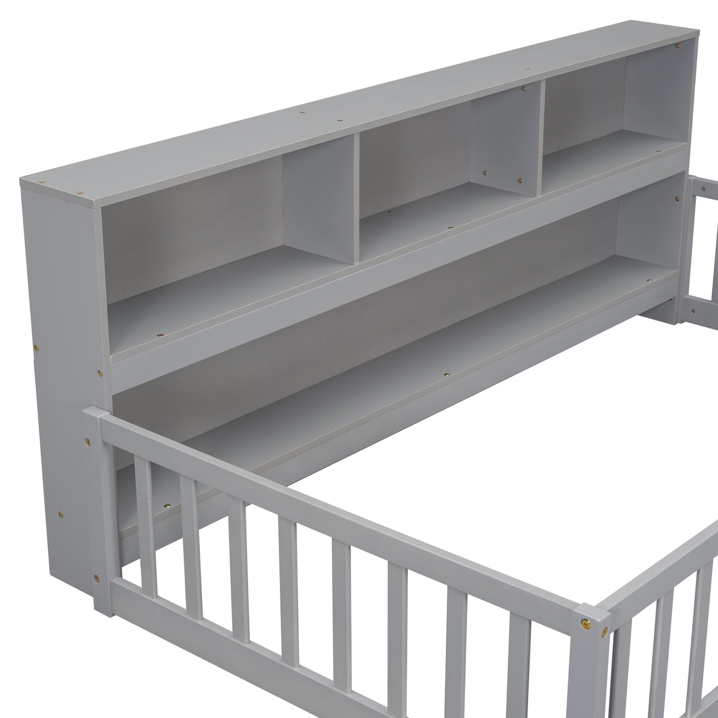 Gray wooden toddler bed with integrated bookshelf headboard