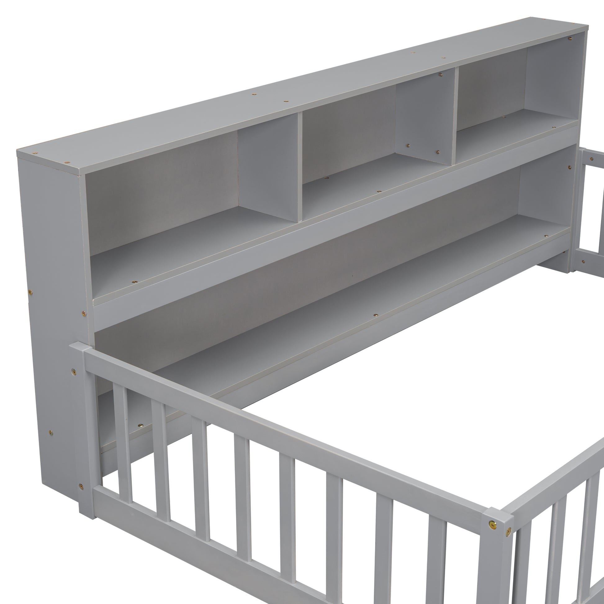 Gray wooden toddler bed with integrated bookshelf headboard