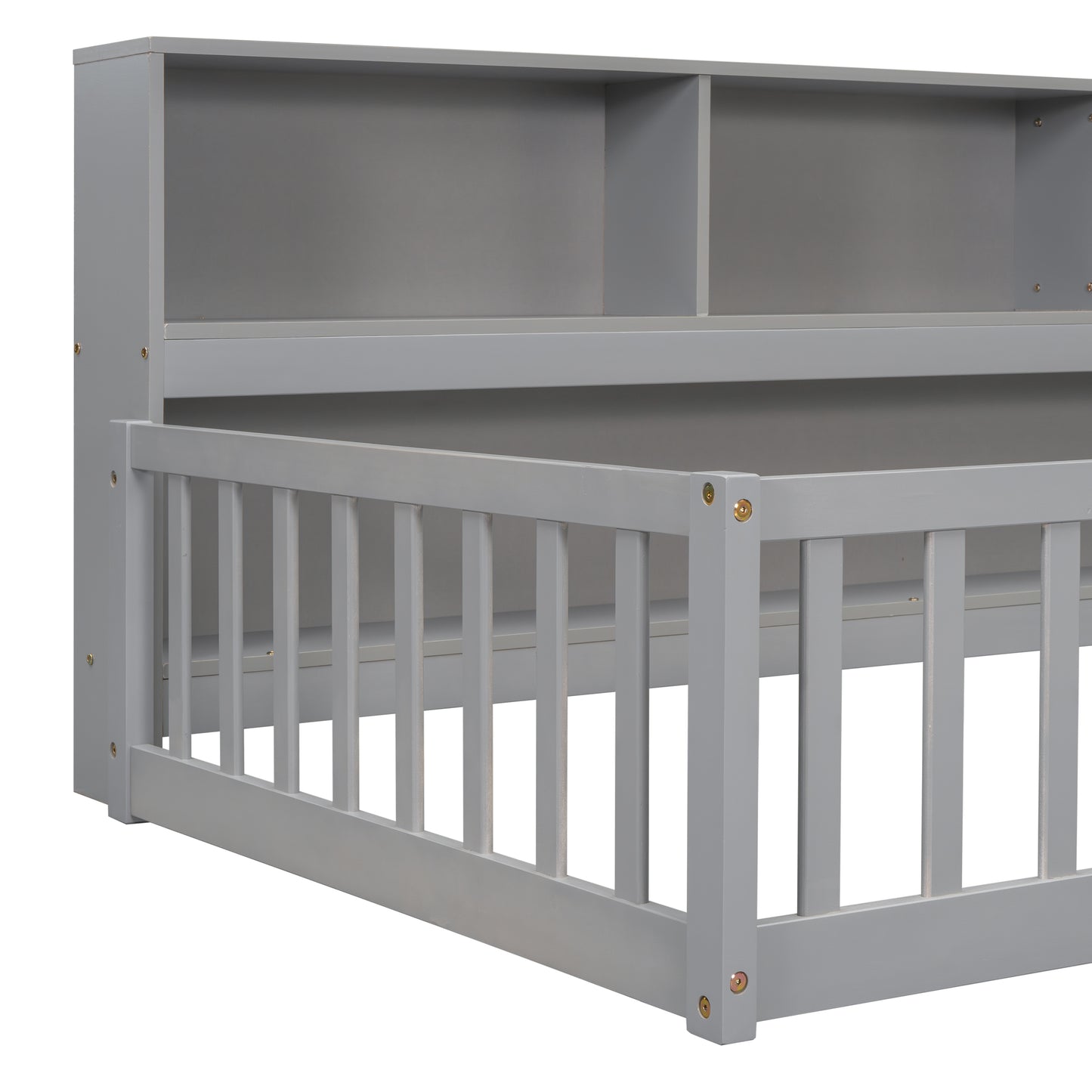 Gray wooden toddler bed frame with safety rails and bookshelf headboard