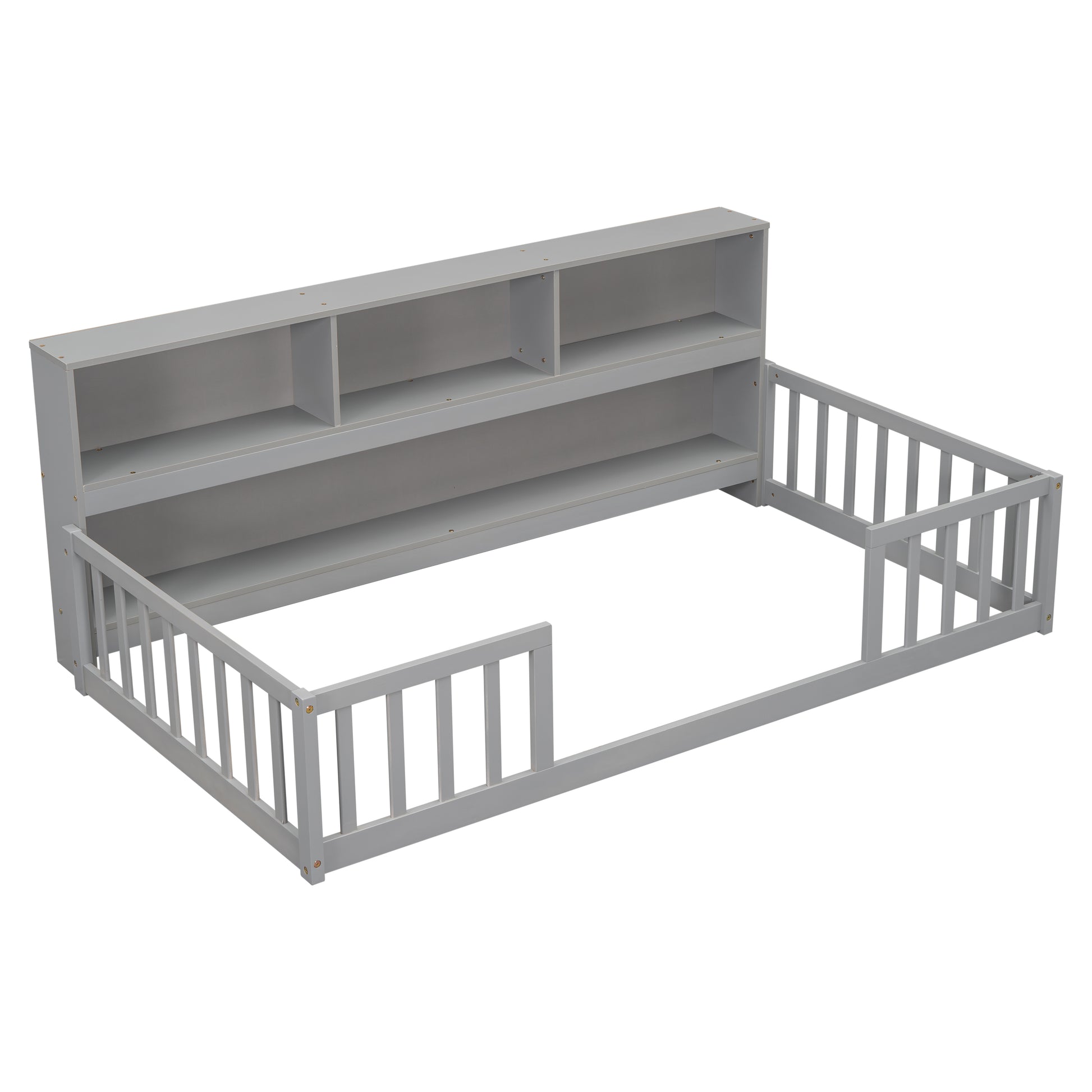 Gray wooden toddler bed frame with builtin bookcase headboard and guardrails