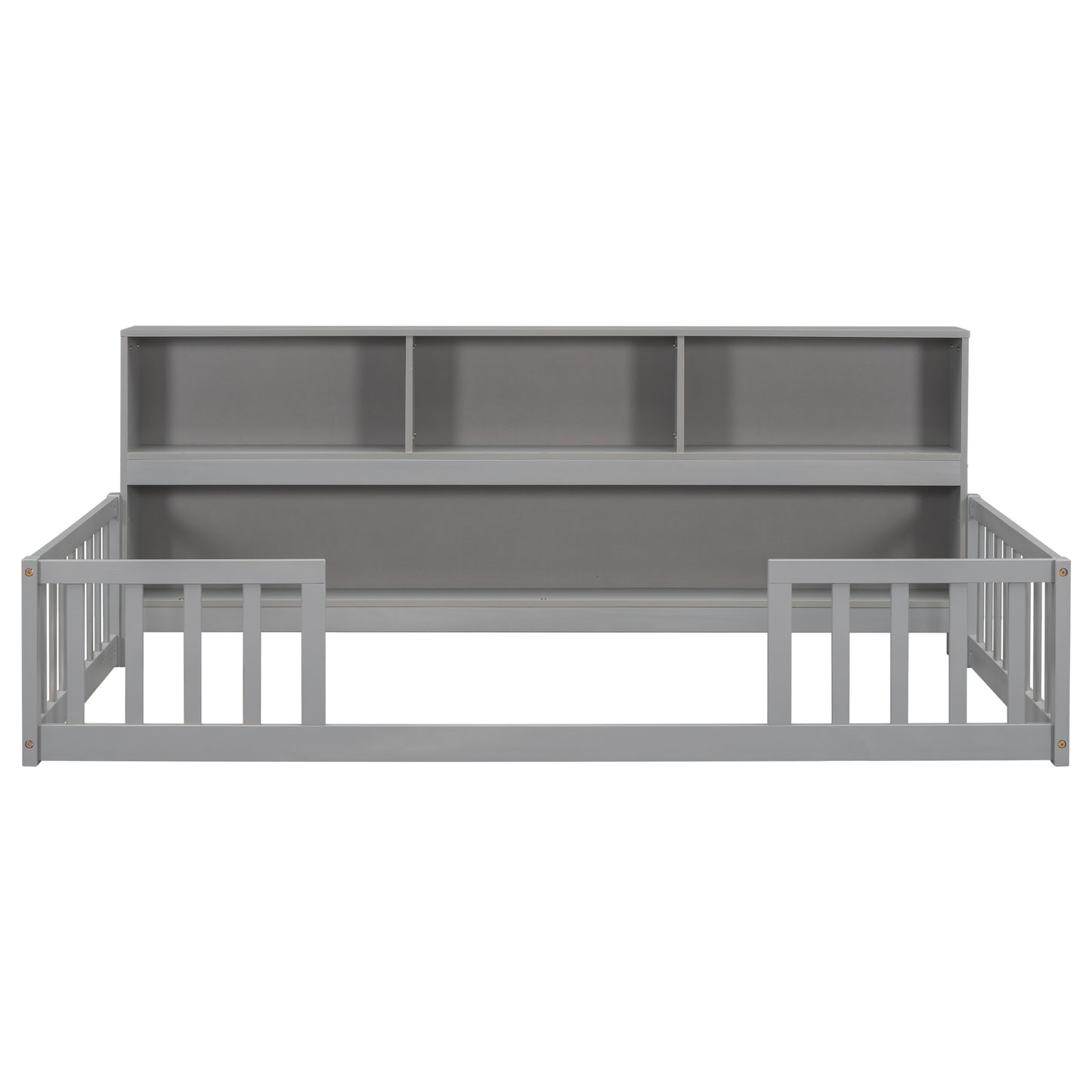 Grey wooden toddler bed frame with attached bookshelf headboard and safety rails