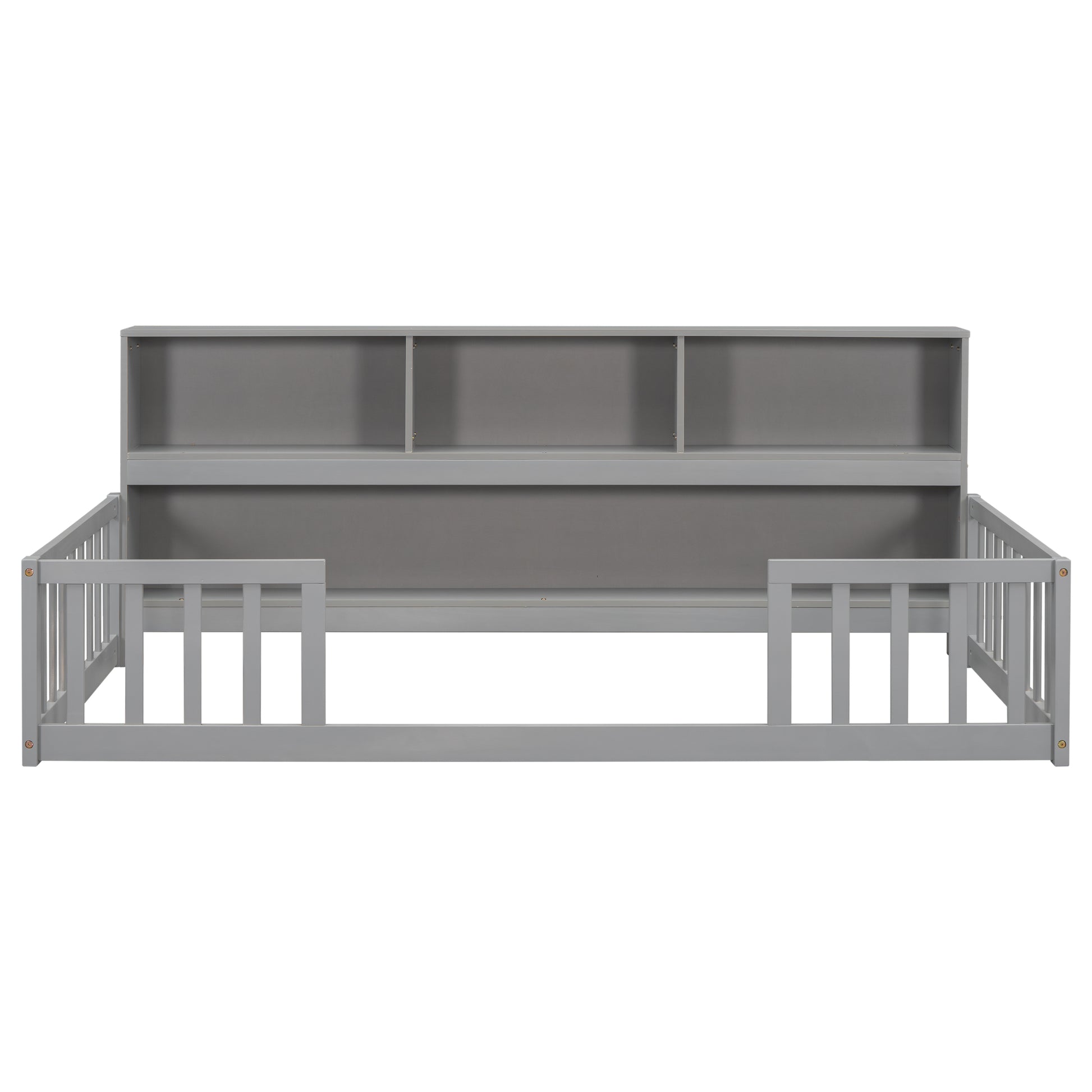 Grey wooden toddler bed frame with attached bookshelf headboard and safety rails