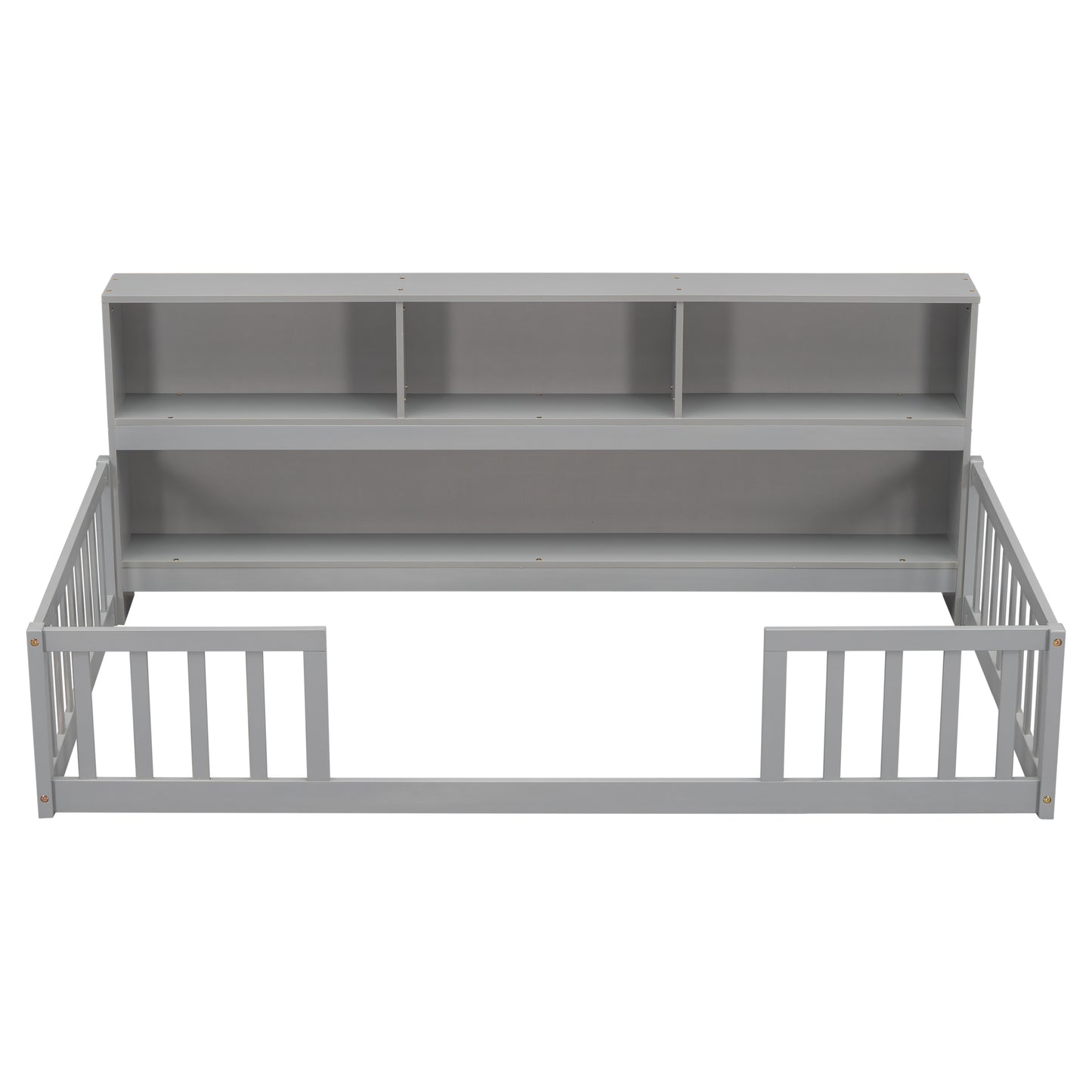 Gray wooden toddler bed frame with builtin bookshelf headboard