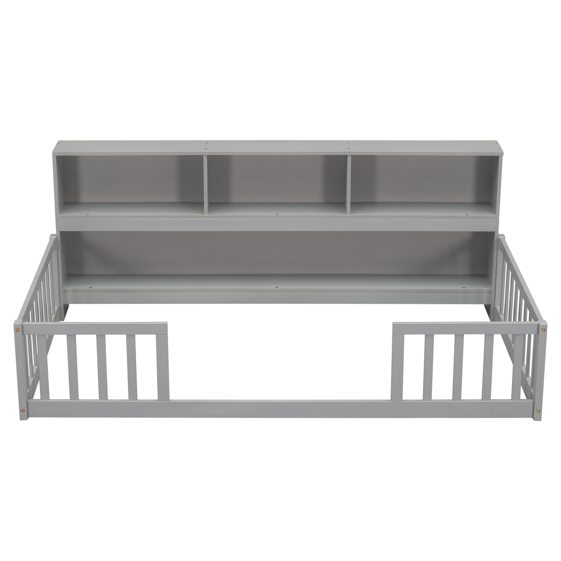 Gray wooden toddler bed frame with builtin bookshelf headboard