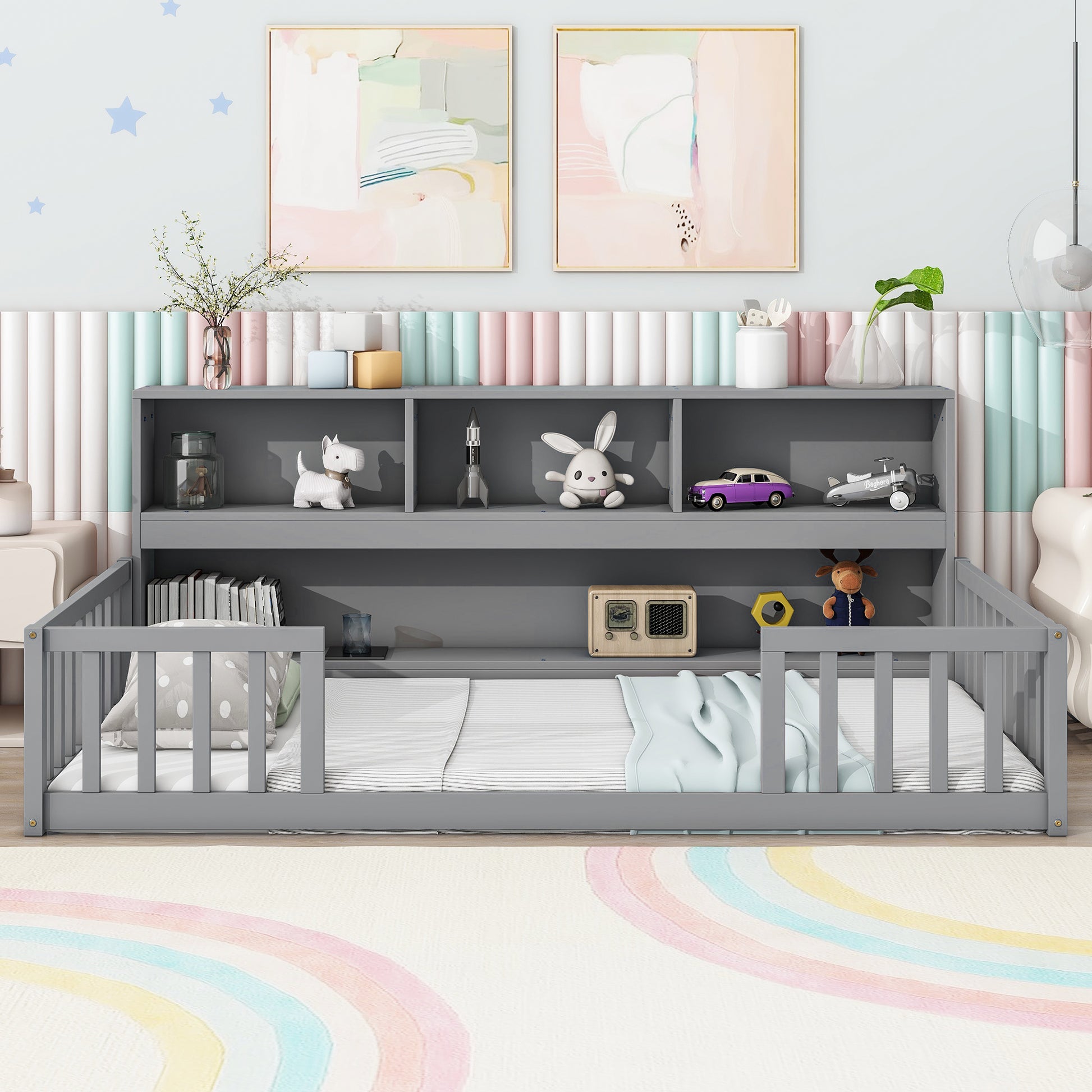 Gray toddler bed with bookshelf headboard and protective rails