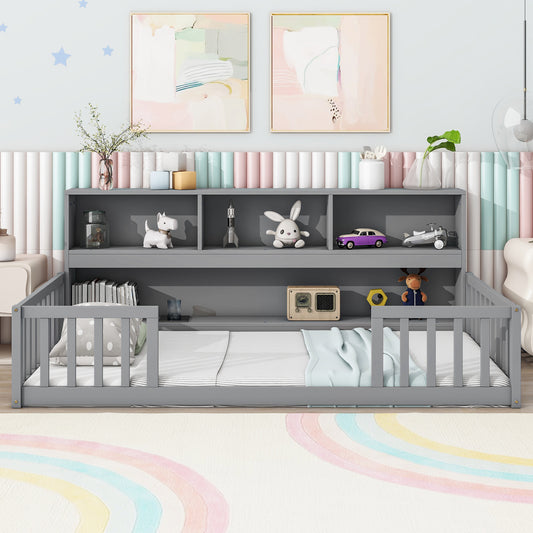 Gray toddler bed with bookshelf headboard and protective rails