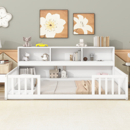 White toddler bed with protective rails and integrated bookshelf