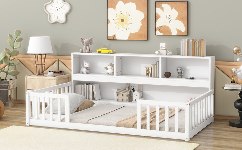 White wooden toddler bed with attached bookshelf