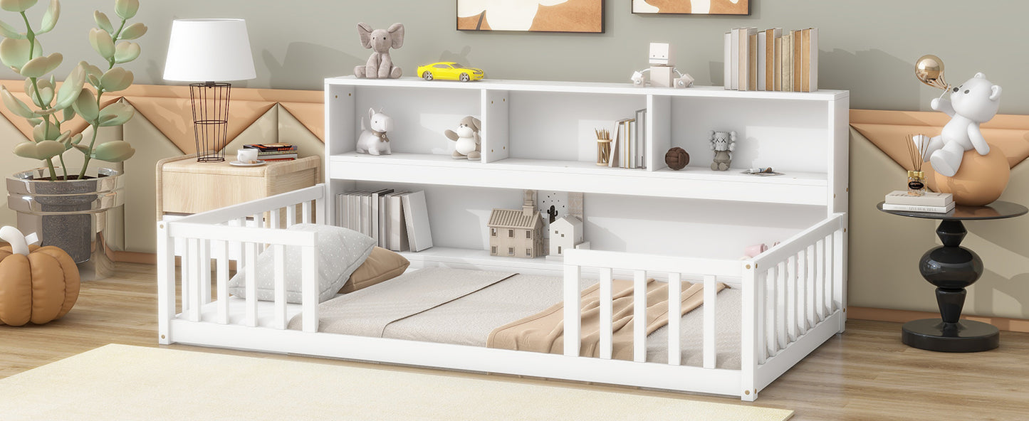 White toddler bed with attached bookshelf for kids room