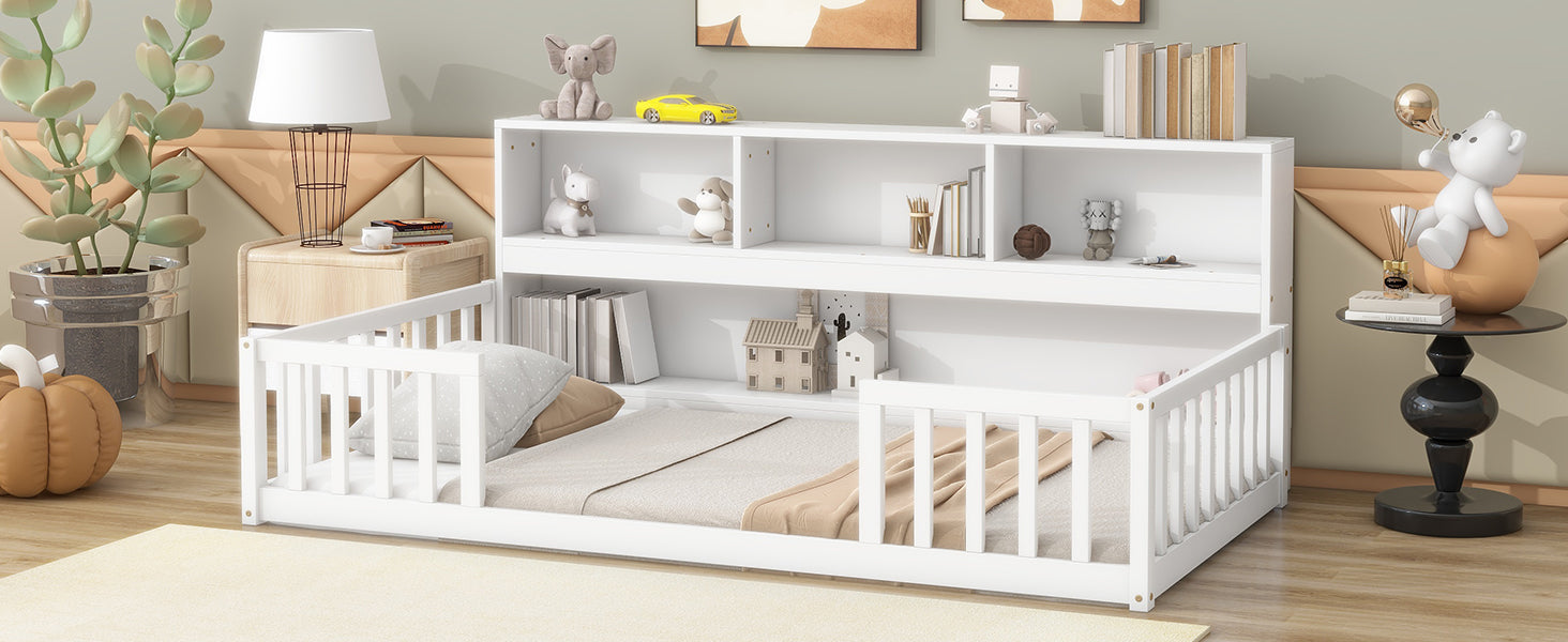 White toddler bed with attached bookshelf for kids room