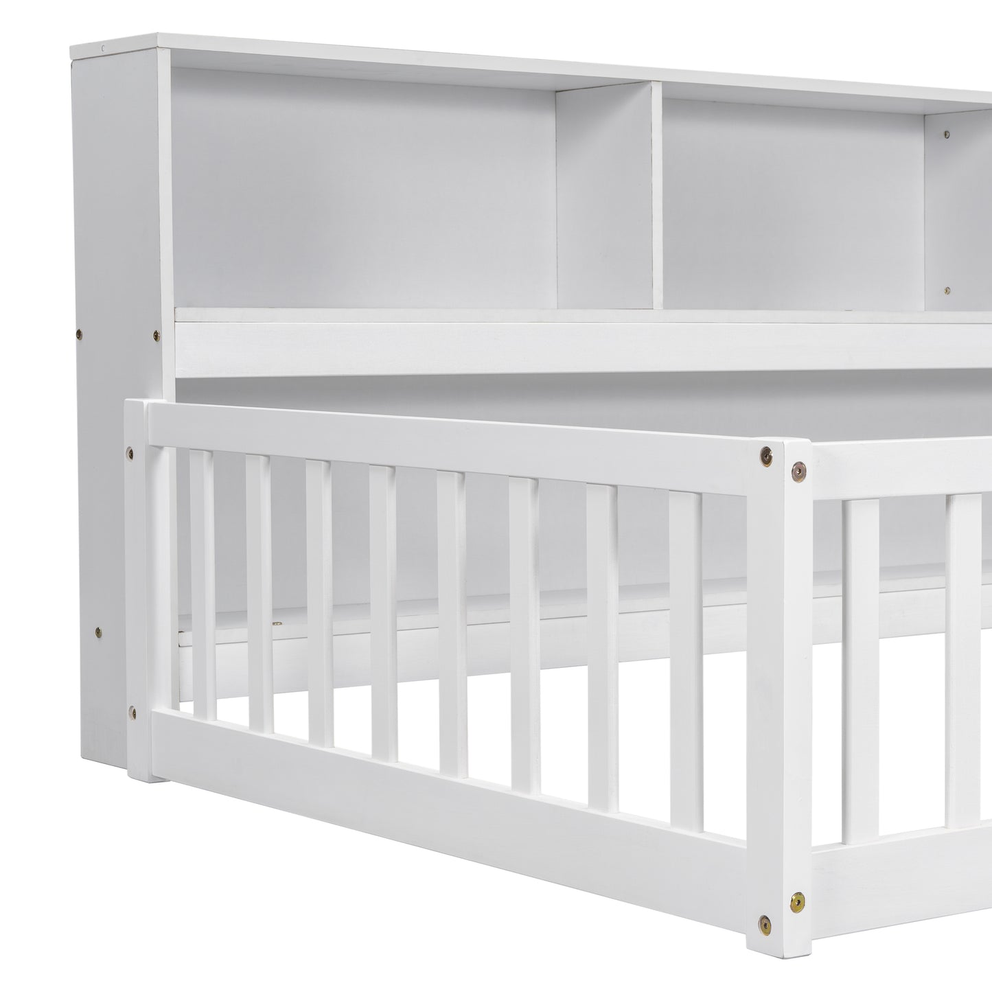 White wooden toddler bed with attached bookshelf