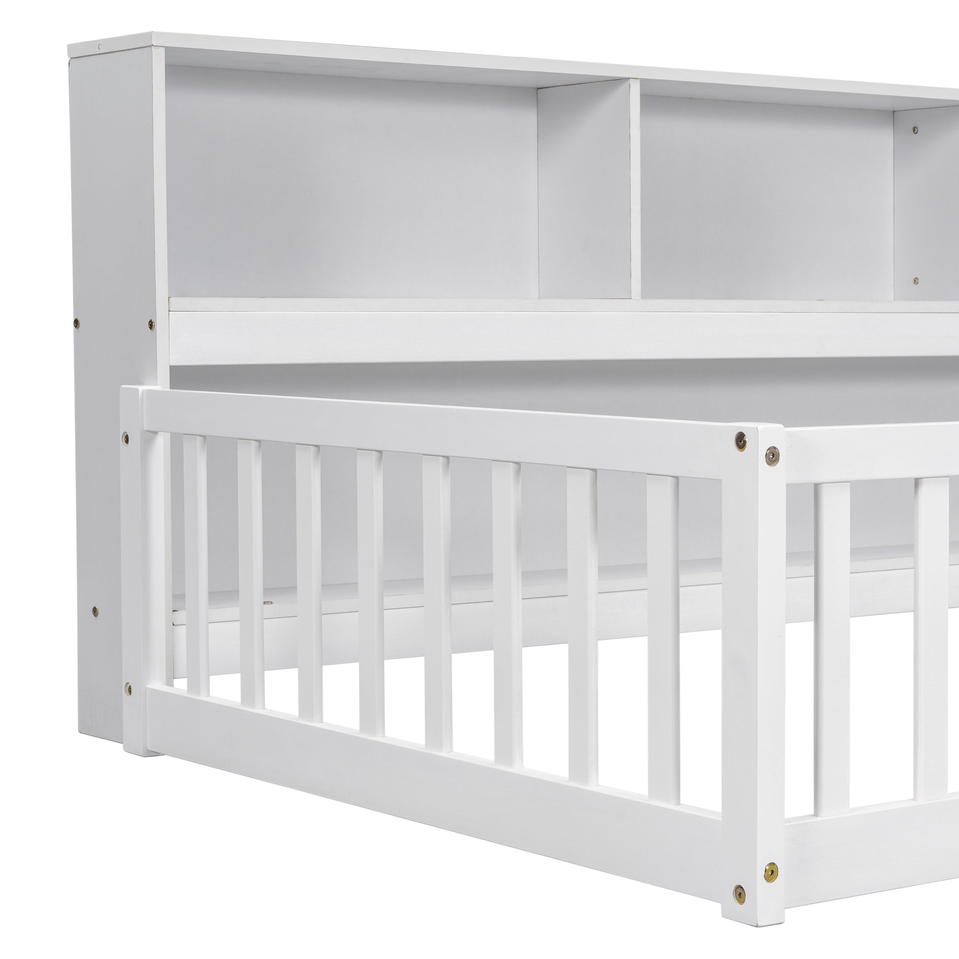 White wooden toddler bed with attached bookshelf