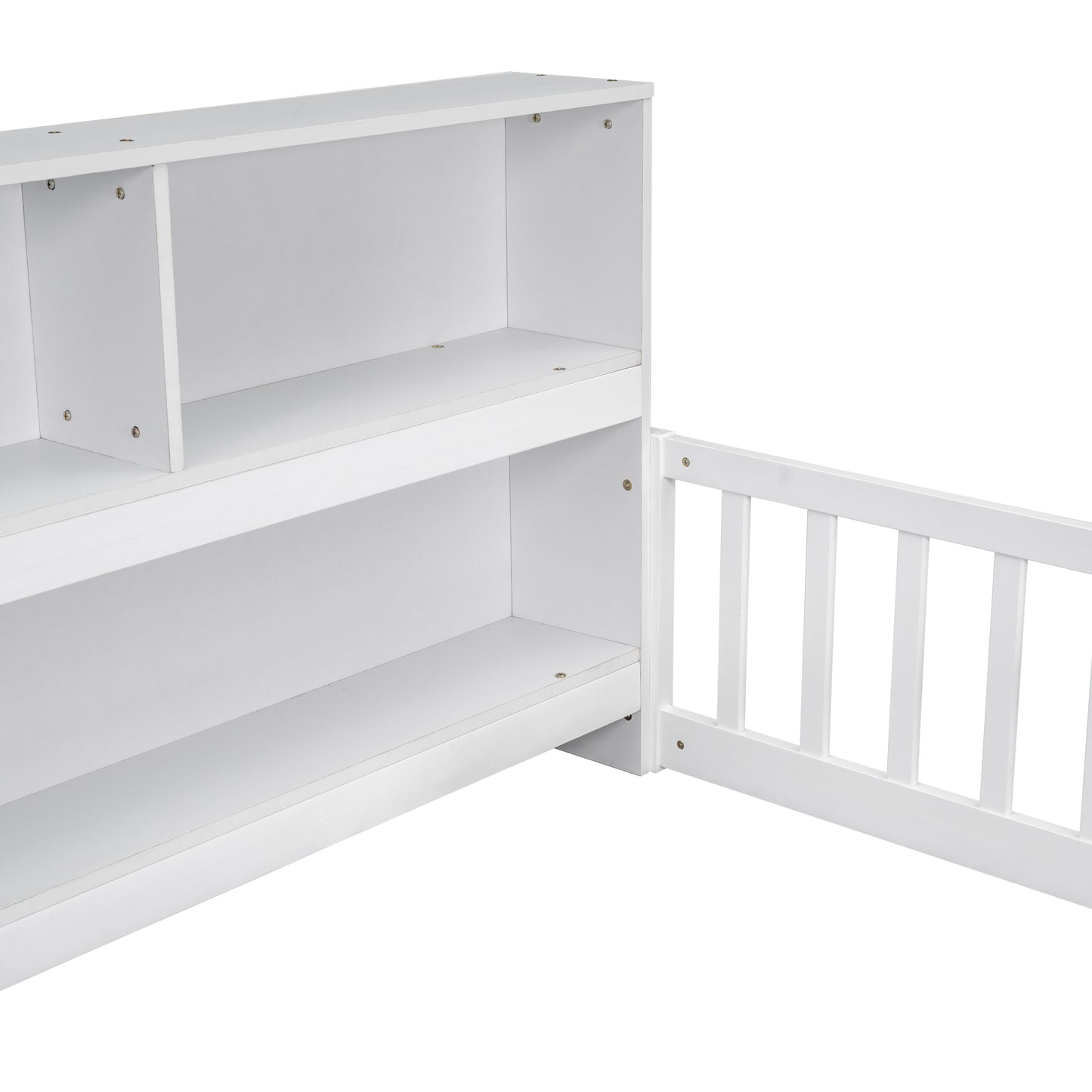 White wooden toddler bed frame with attached bookshelf