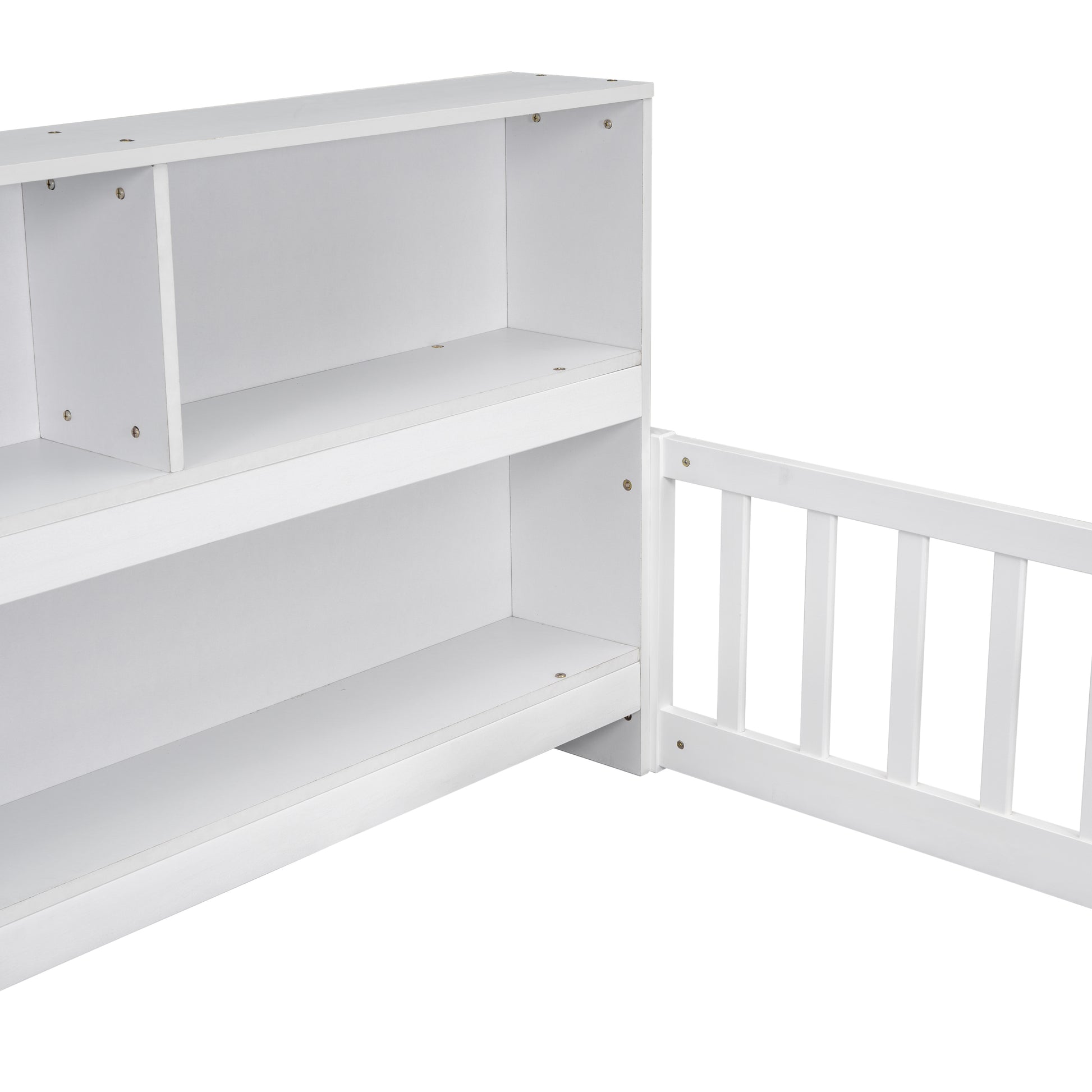 White wooden toddler bed frame with attached bookshelf