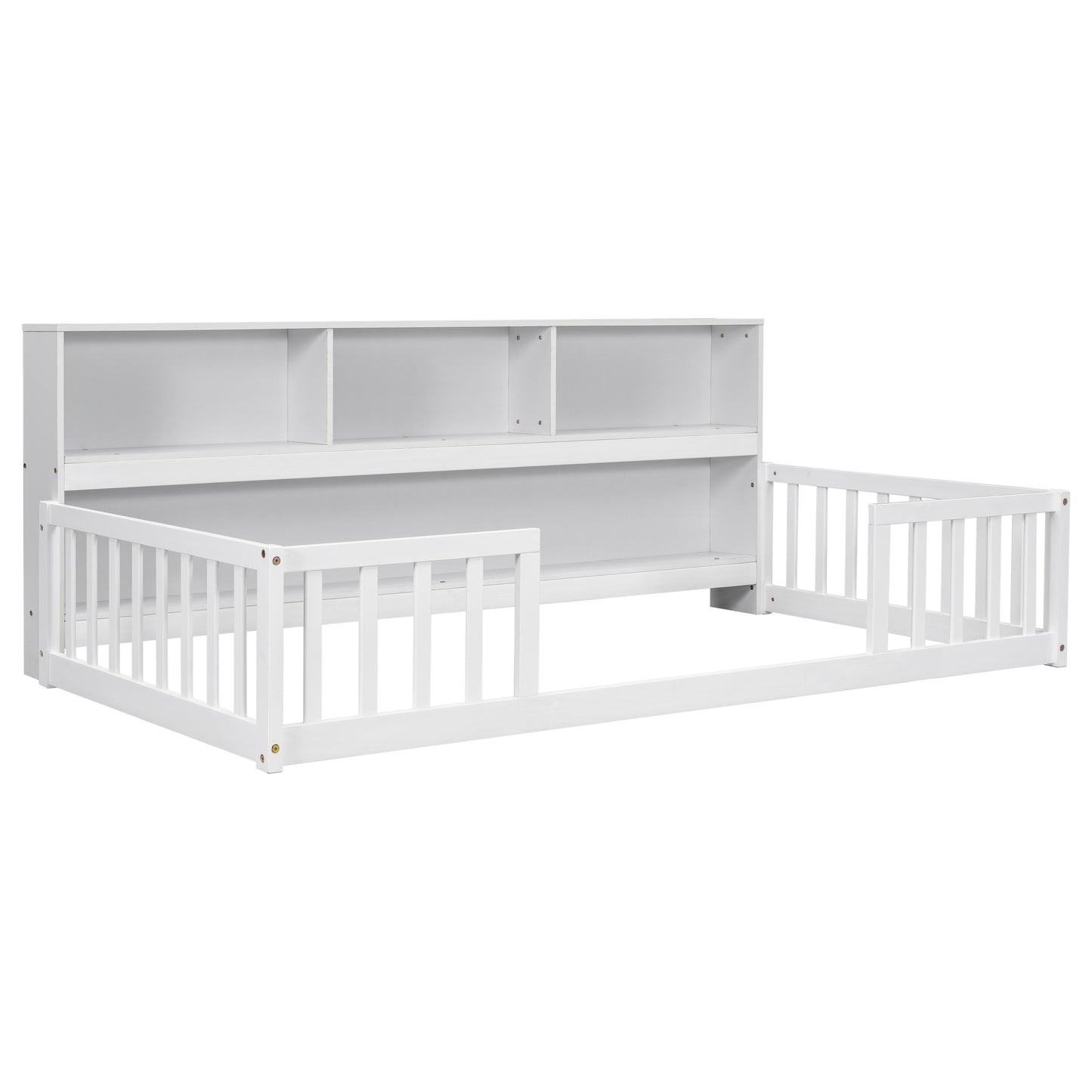 White wooden toddler bed with safety rails and builtin bookshelf headboard