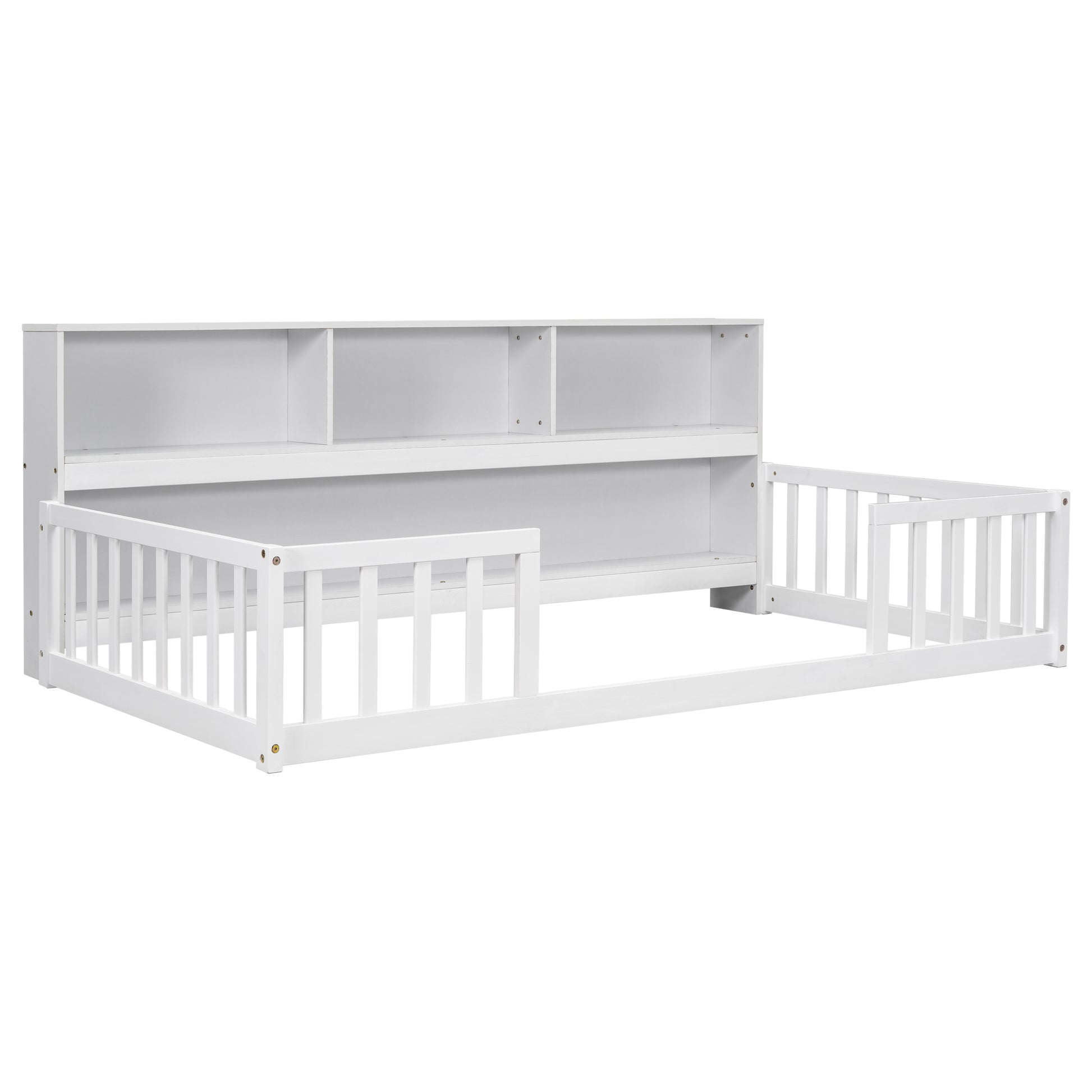 White wooden toddler bed with safety rails and builtin bookshelf headboard