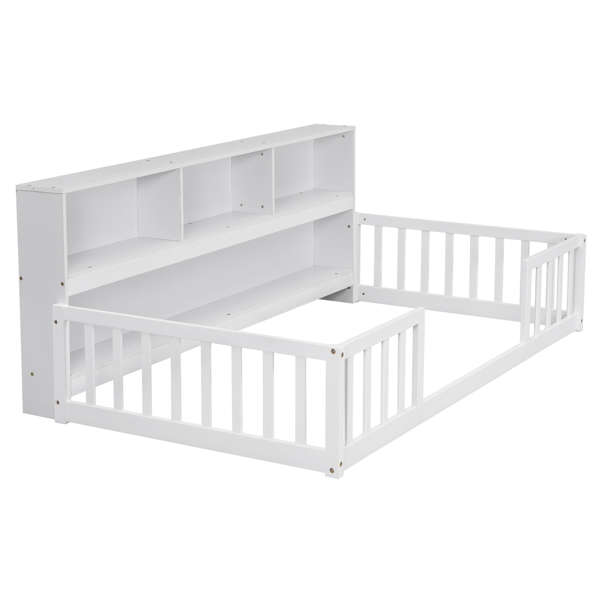 White wooden toddler bed with guardrails and integrated bookshelf