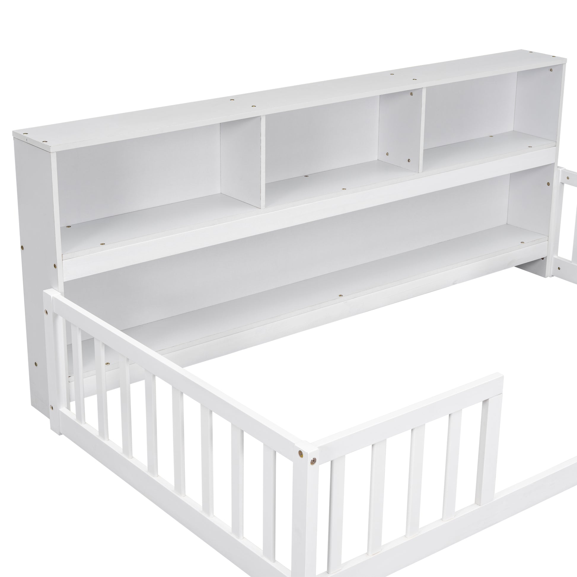 White toddler bed frame with builtin bookshelf headboard and safety rails