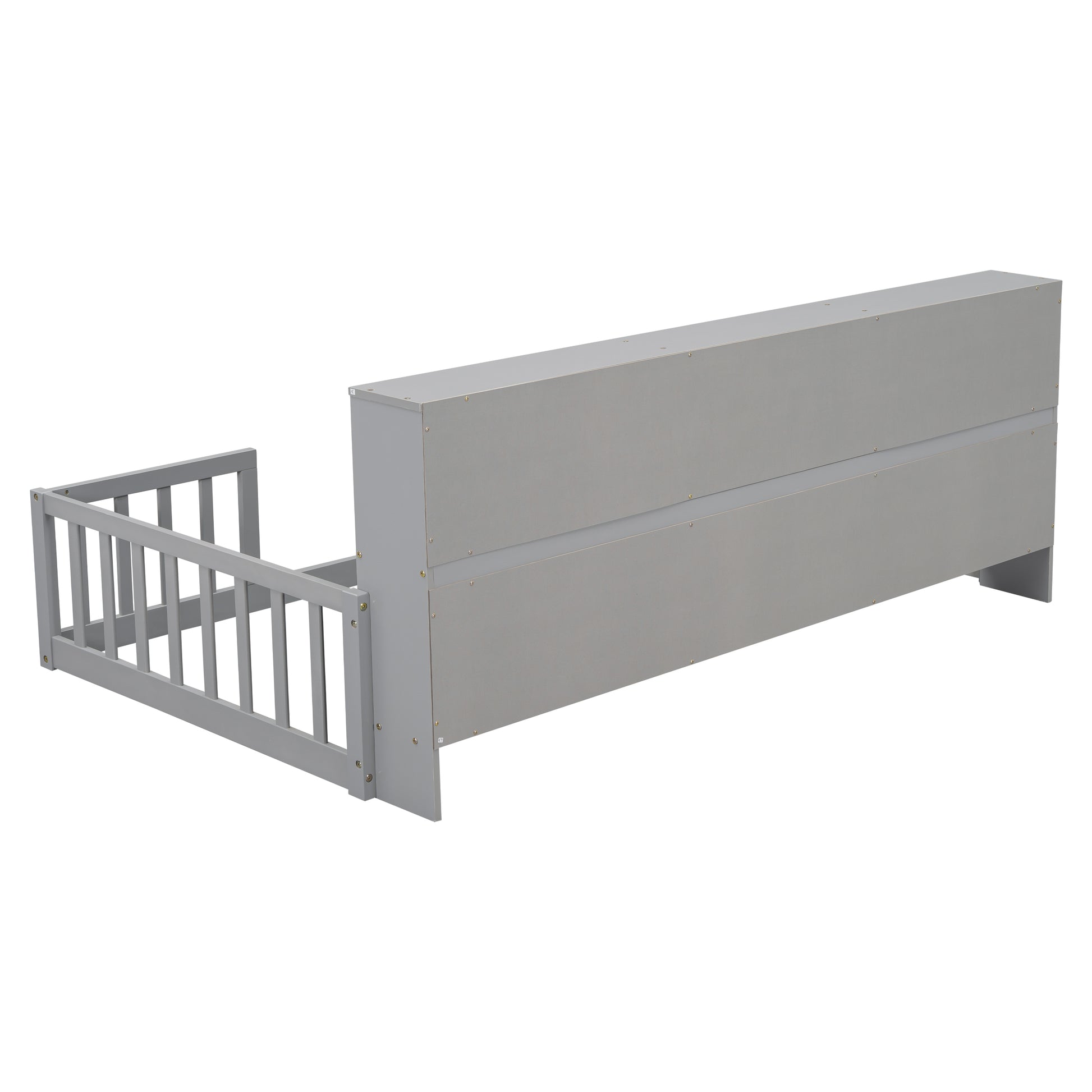 Gray wooden toddler bed frame with safety rails