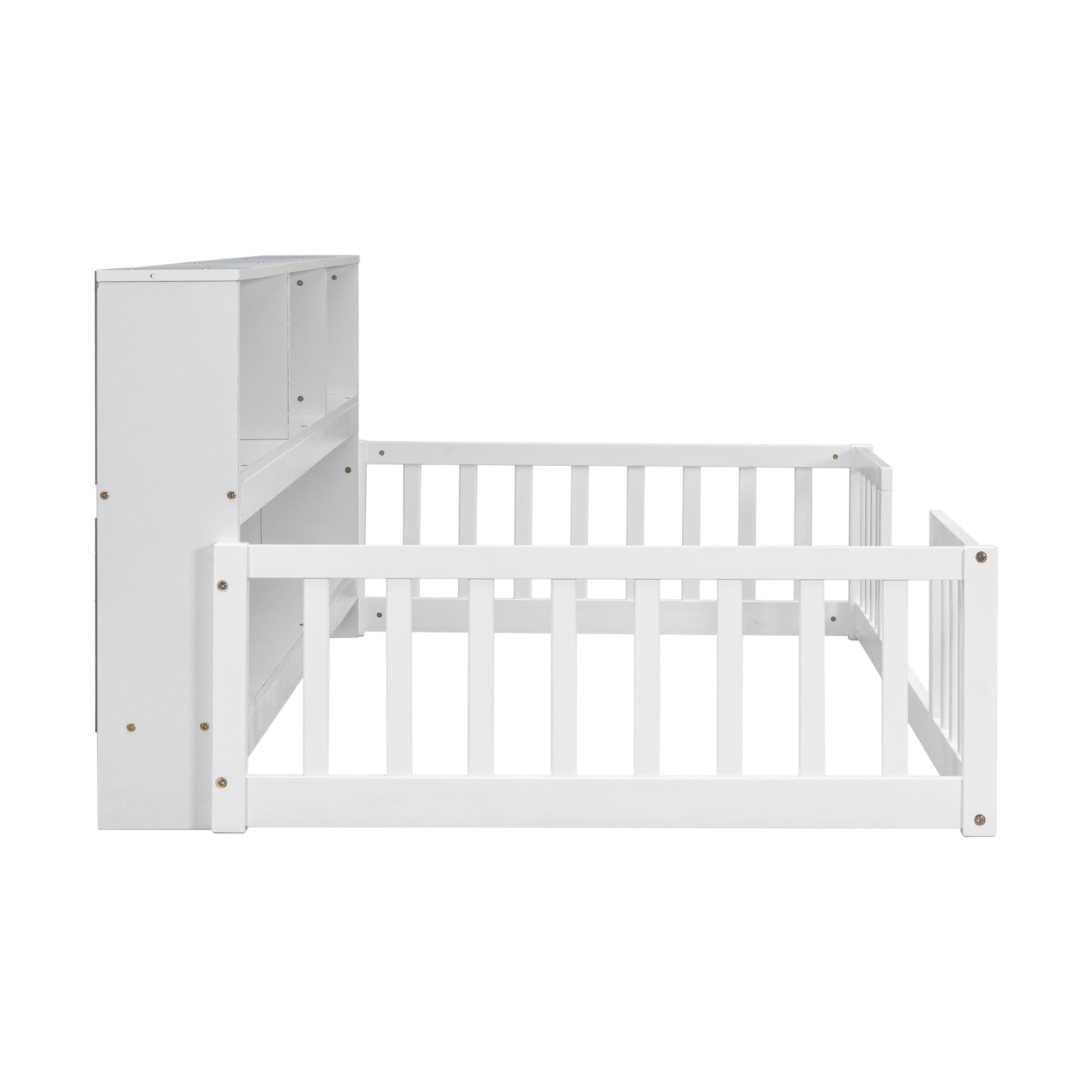 White toddler bed with integrated bookshelf