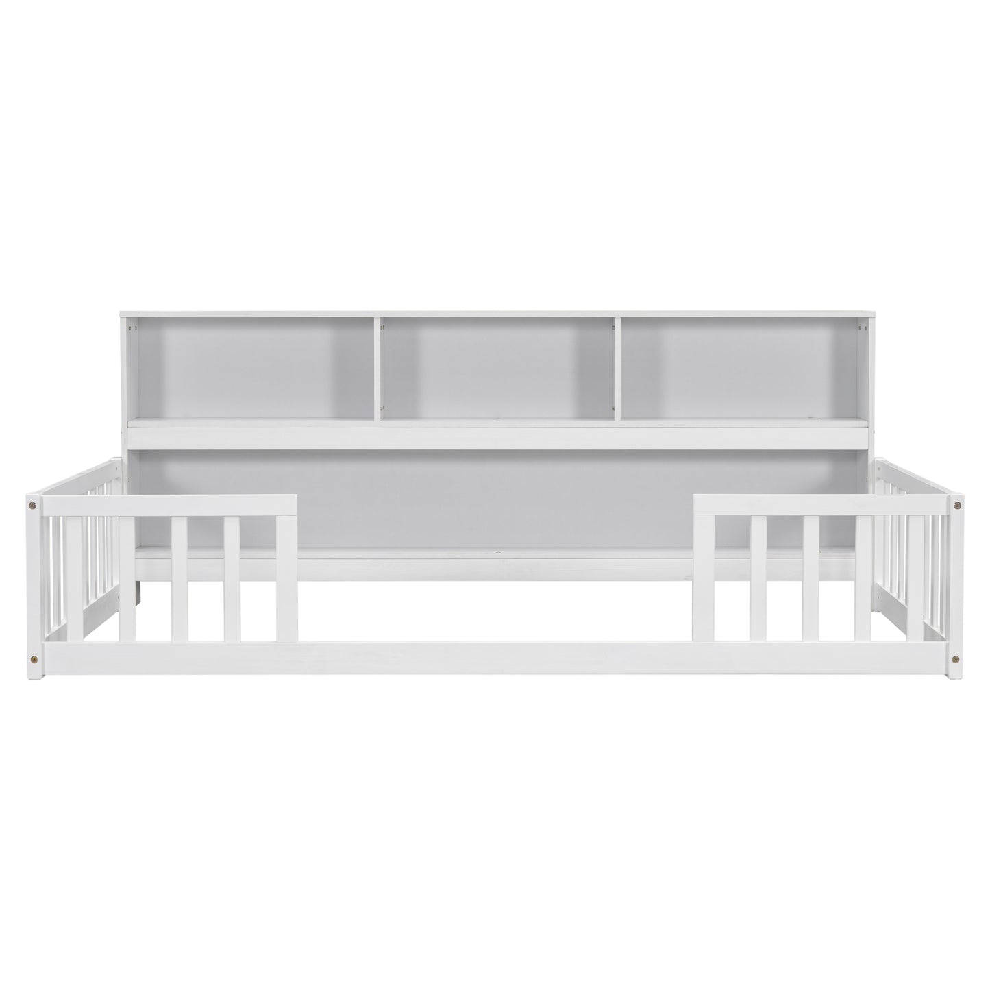 White wooden twin bed frame with builtin shelves and guardrails