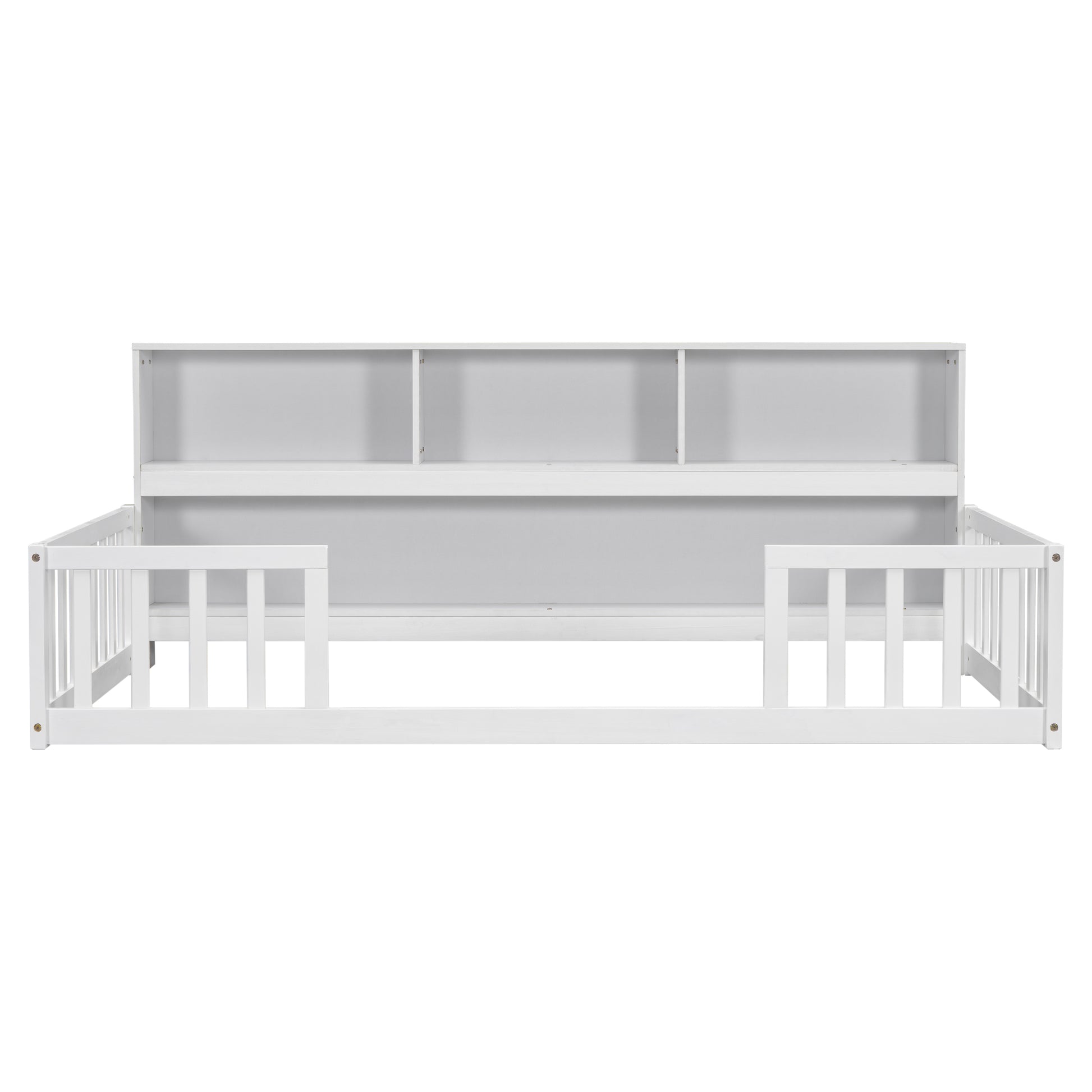 White wooden twin bed frame with builtin shelves and guardrails
