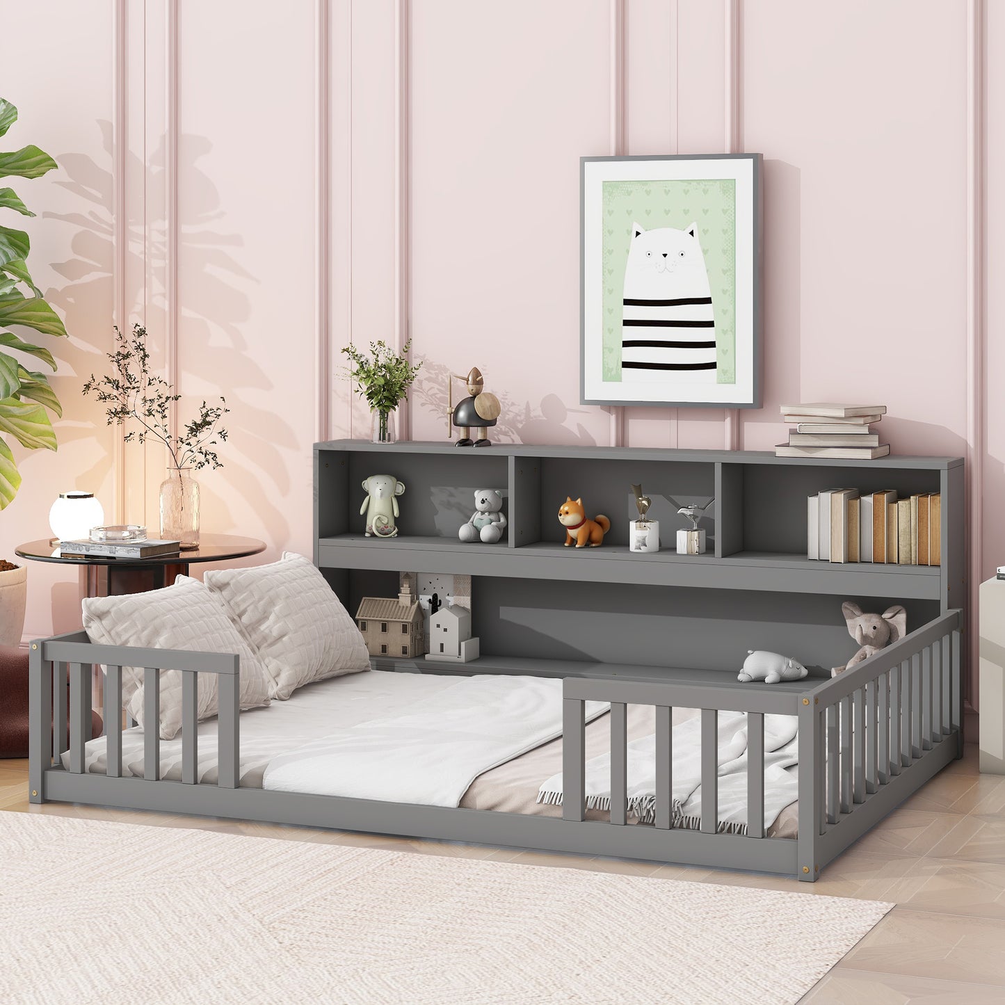 Gray toddler bed with bookshelf headboard and protective rails