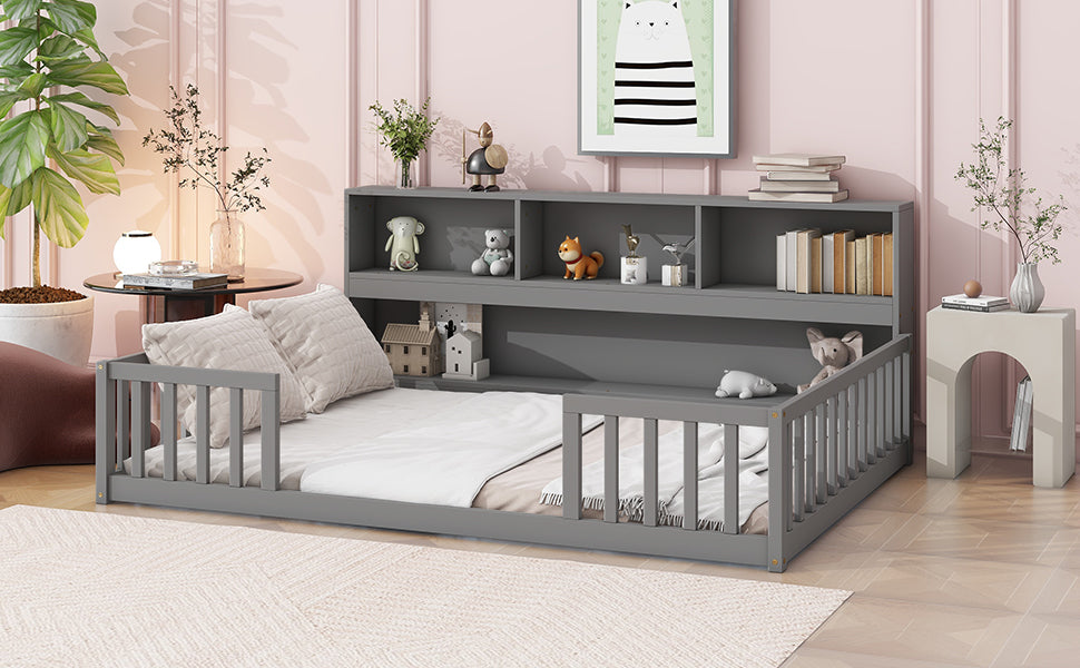 Gray wooden toddler bed with builtin bookshelf